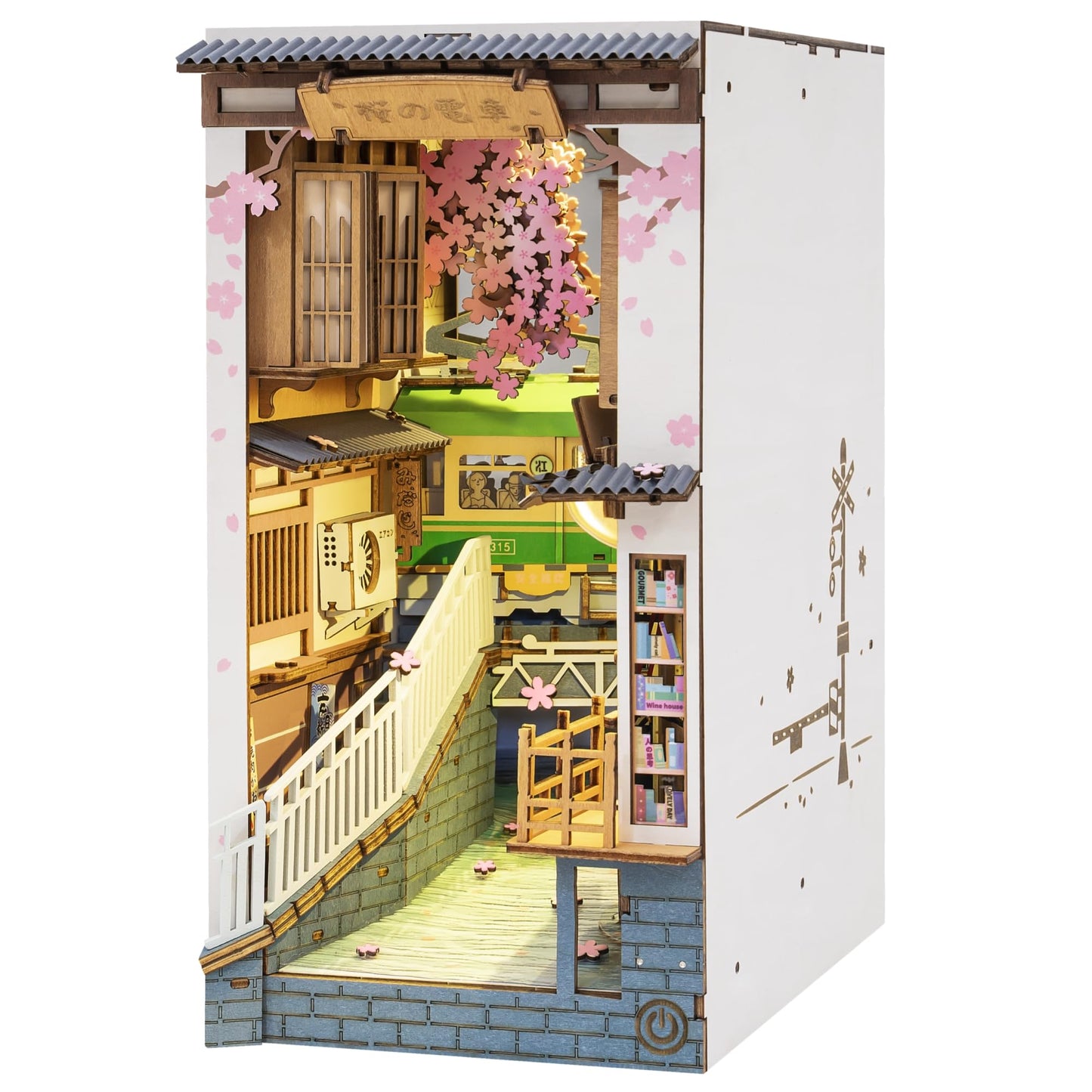 ROBOTIME DIY Book Nook Kit DIY Miniature Dollhouse Booknook Kit 3D Wooden Puzzle with LED Light,Decorative Bookend Bookshelf Insert Decor for Teens and Adults (Sakura Tram)