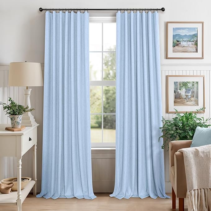 Total Blackout Baby Blue Linen Curtains 108 Inches Long 2 Panel Set Light Blue Pale Sky Colored Floor to Ceiling Thermal Spring Summer Curtain for Living Room Bedroom Patio Sliding Door Drape Back Tab