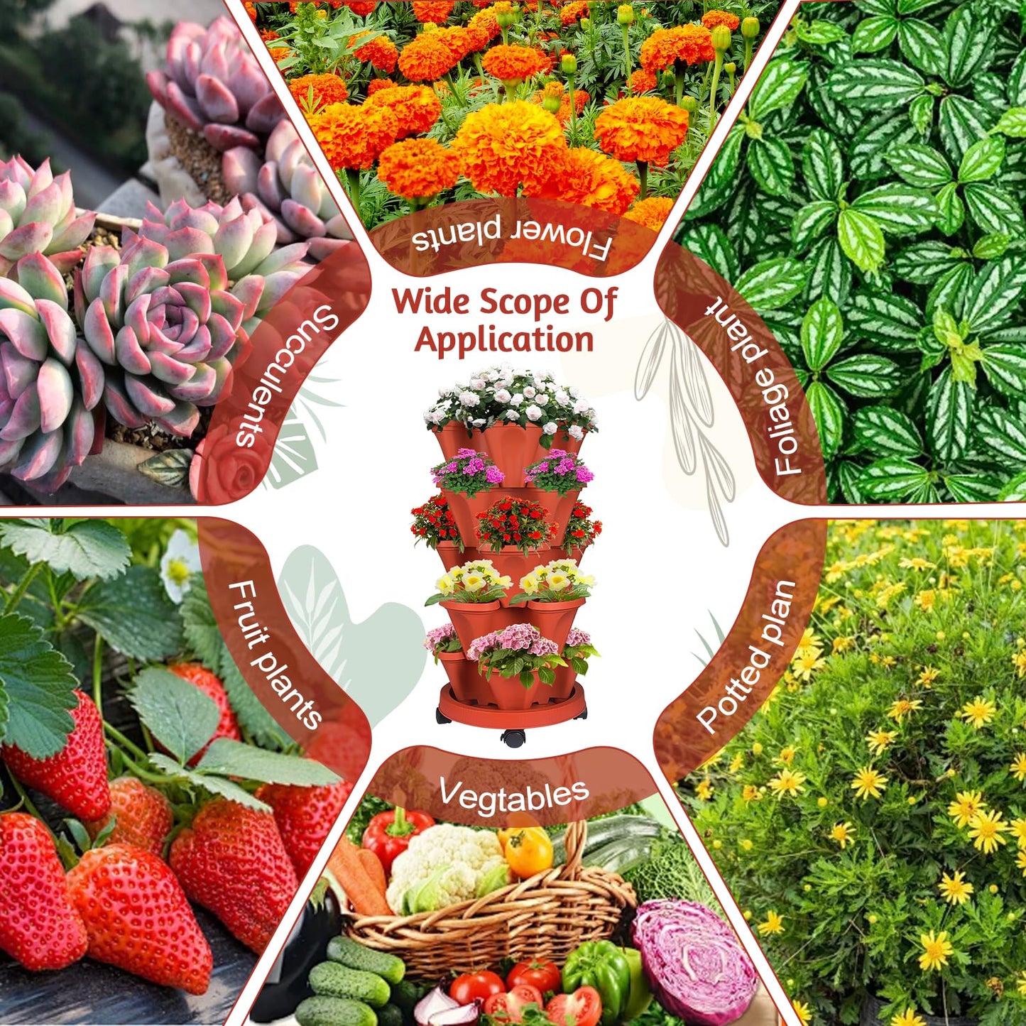 SunFunUSA 7 Tier Vertical Strawberry Planter-Tower Stackable Herb Planter Stacking Garden Planters Pot Outdoor with Tools Mover for Growing Flowers, Vegetables and Succulents, Red
