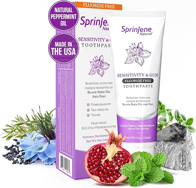 SprinJene Natural Sensitivity & Gum, Fluoride Free Toothpaste for Sensitive Teeth & Gum (1 Pack) + Fluoride Free & Alcohol Free Mouthwash + Electric Toothbrush with 2 Replacement Heads