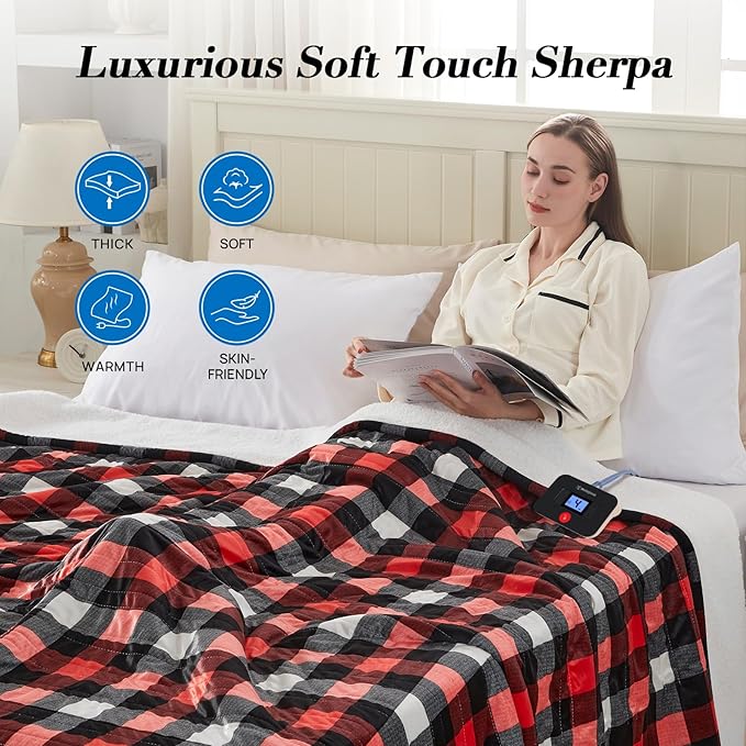 Westinghouse Full Size Heated Blanket Electric Blanket, Flannel & Sherpa Heating Blanket with10 Heating Levels & 1 to 12 Hours Heating Time Settings, Fast Heating Blanket Red Plaid, 72x84 Inches