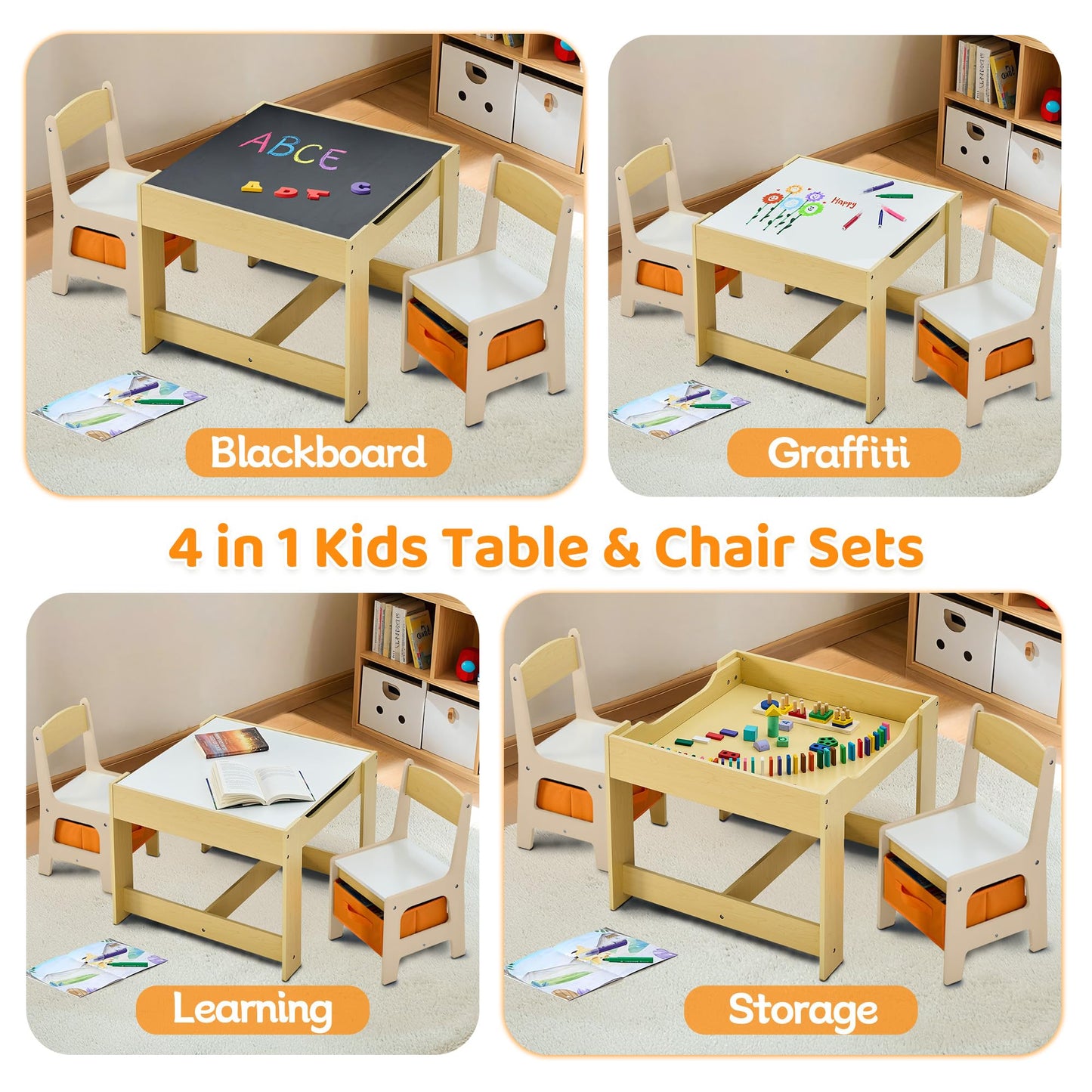 CuFun Kids Table and Chairs Set, 4 in 1 Wooden Kids Table with Reversible Tabletop, Children Activity Table with Removable Tabletop Storage, Toddler Table and Chair Set for Home, Nursery, Playroom