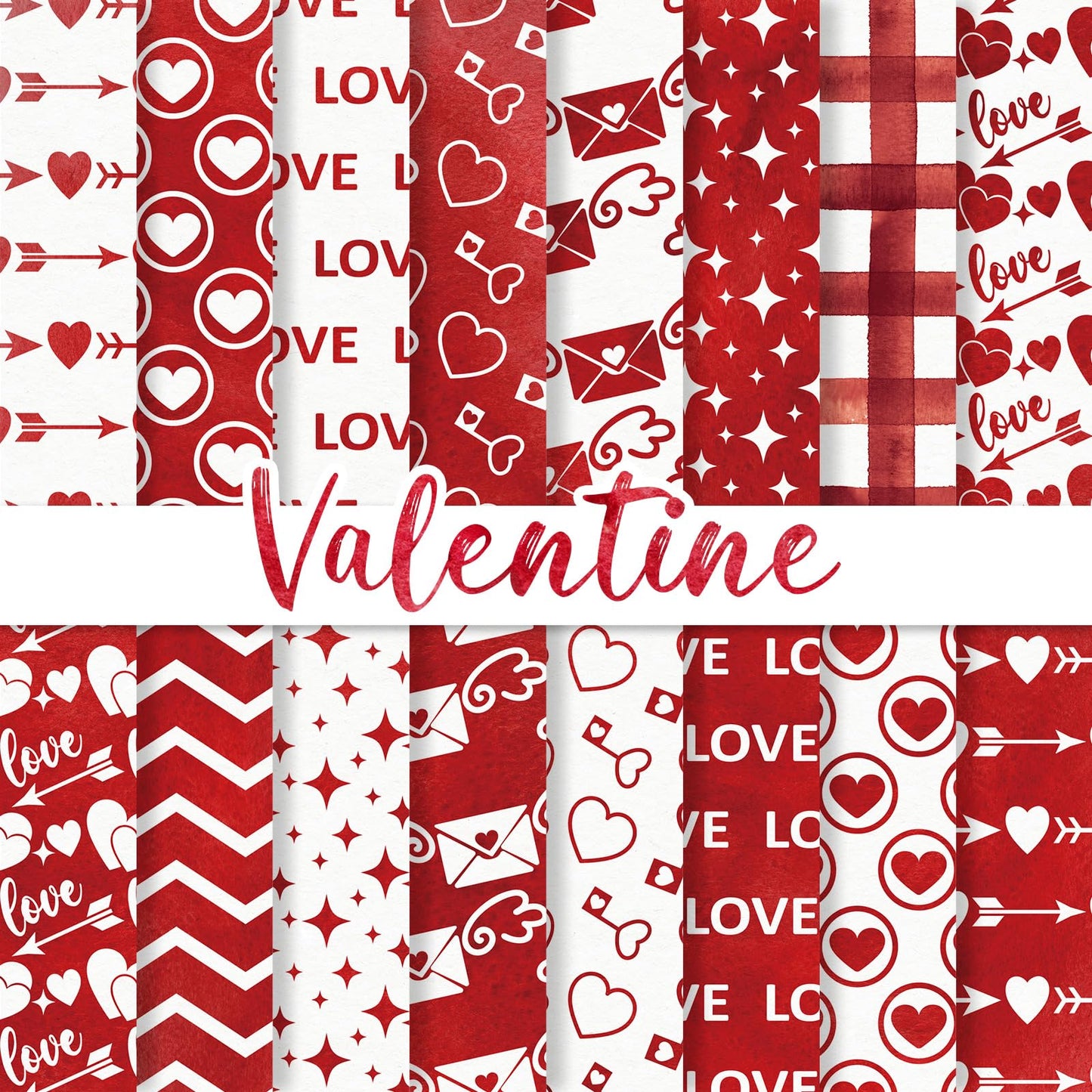JarThenaAMCS 32 Sheets Valentine Pattern Paper Red White Love Heart Arrow Scrapbook Specialty Paper Double Sided Decorative Art Paper for DIY Crafts Supplies, 6 x 6 Inch