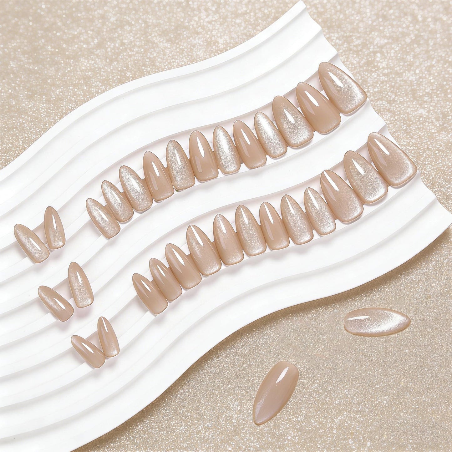 KQueenest Glitter Cat Eye Press on Nails Medium Short Almond, 30 Pcs Thick Cute Acrylic Nails Press on, Gel Fake Nails Short with UV Coating, Reusable Glue on Nails for Women Small Hand, Nude Sparkle
