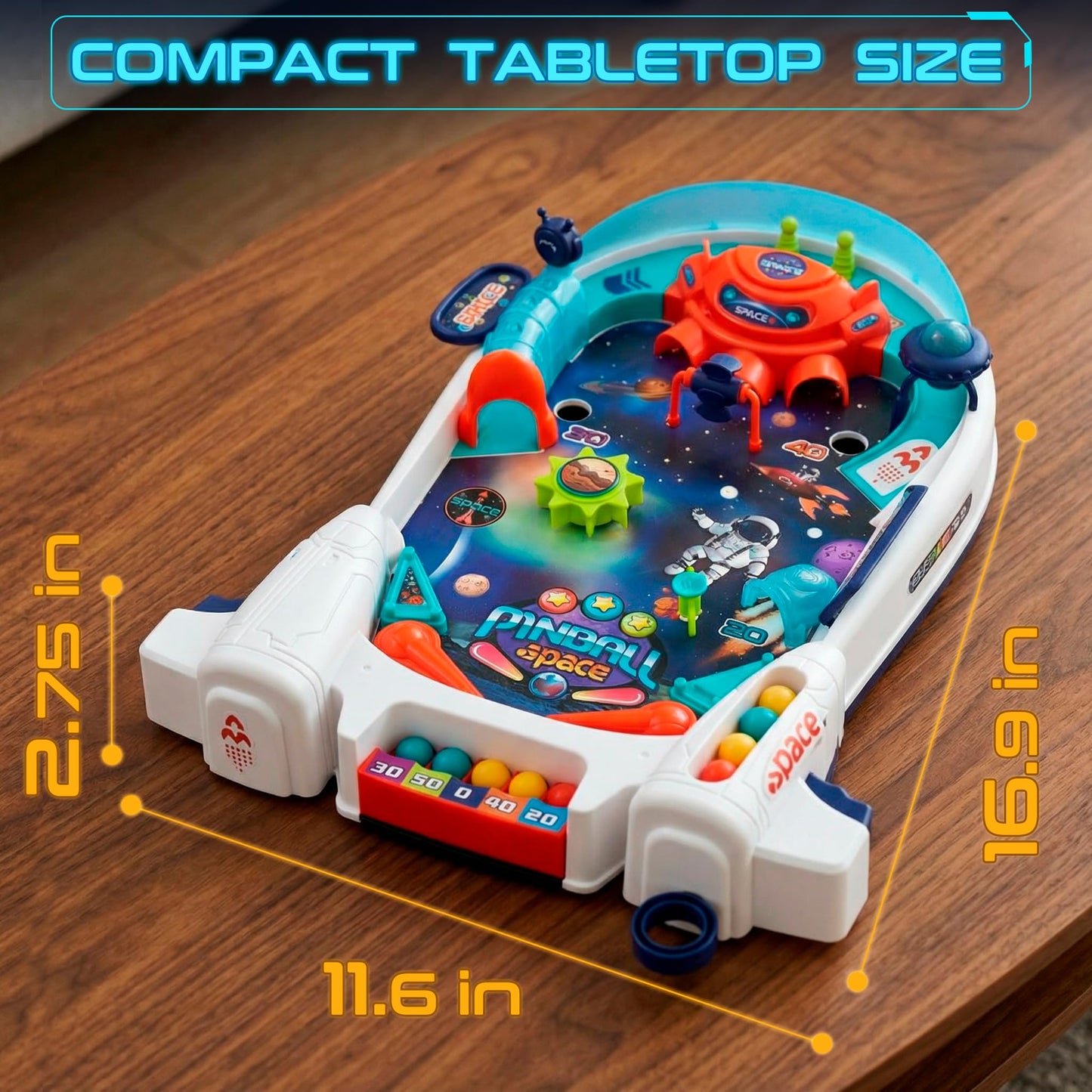 OLEOCA Space Pinball Machine — Tabletop Arcade Game with Obstacles, Pull-Rod Launcher, Flippers, UFO Targets & Astronaut Theme, 1-2 Player Mini Pinball for Kids