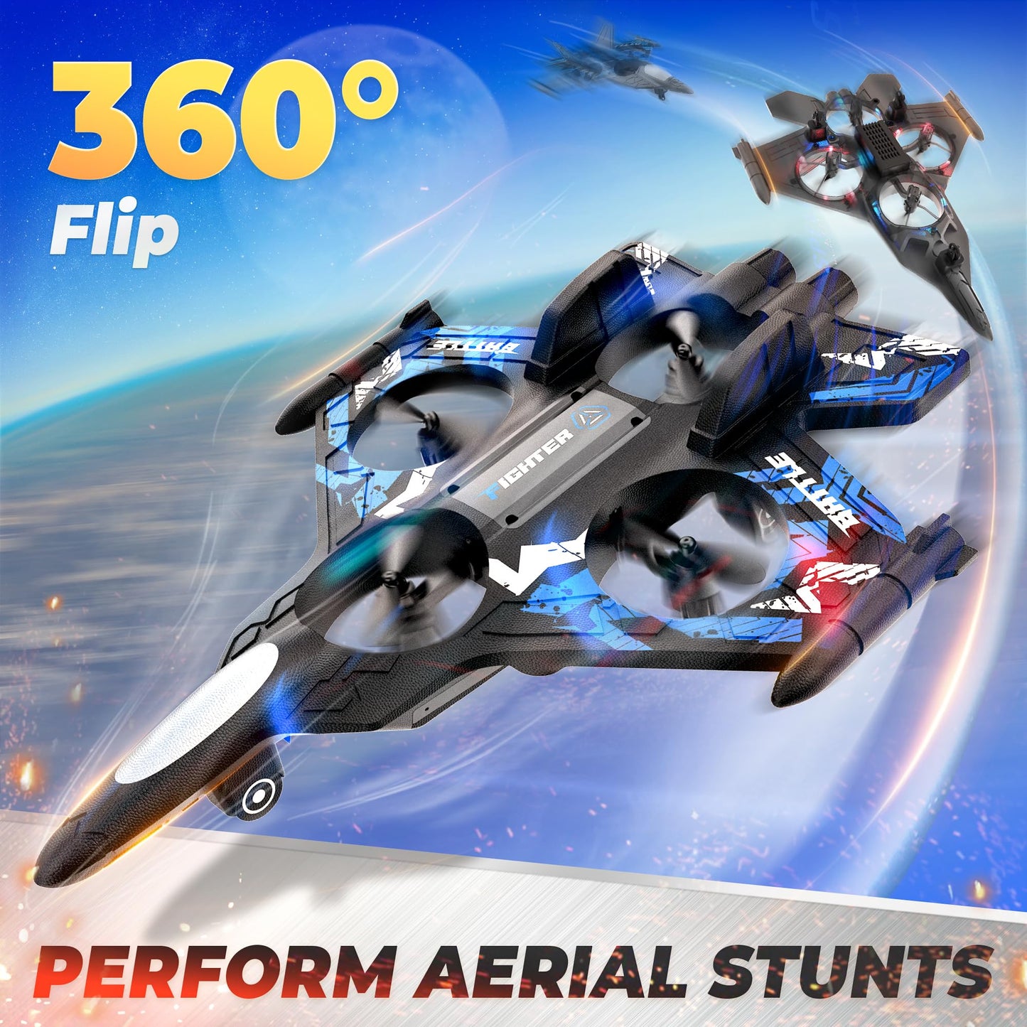 BEZGAR Drones for Kids | 2.4GHZ RC Plane | Remote Control Airplane, Mini Stunt Plane Helicopter, 360° Flip Fighter Jet Toy with Colorful LED Navigation Lights Blue, Toys for ages 8-13
