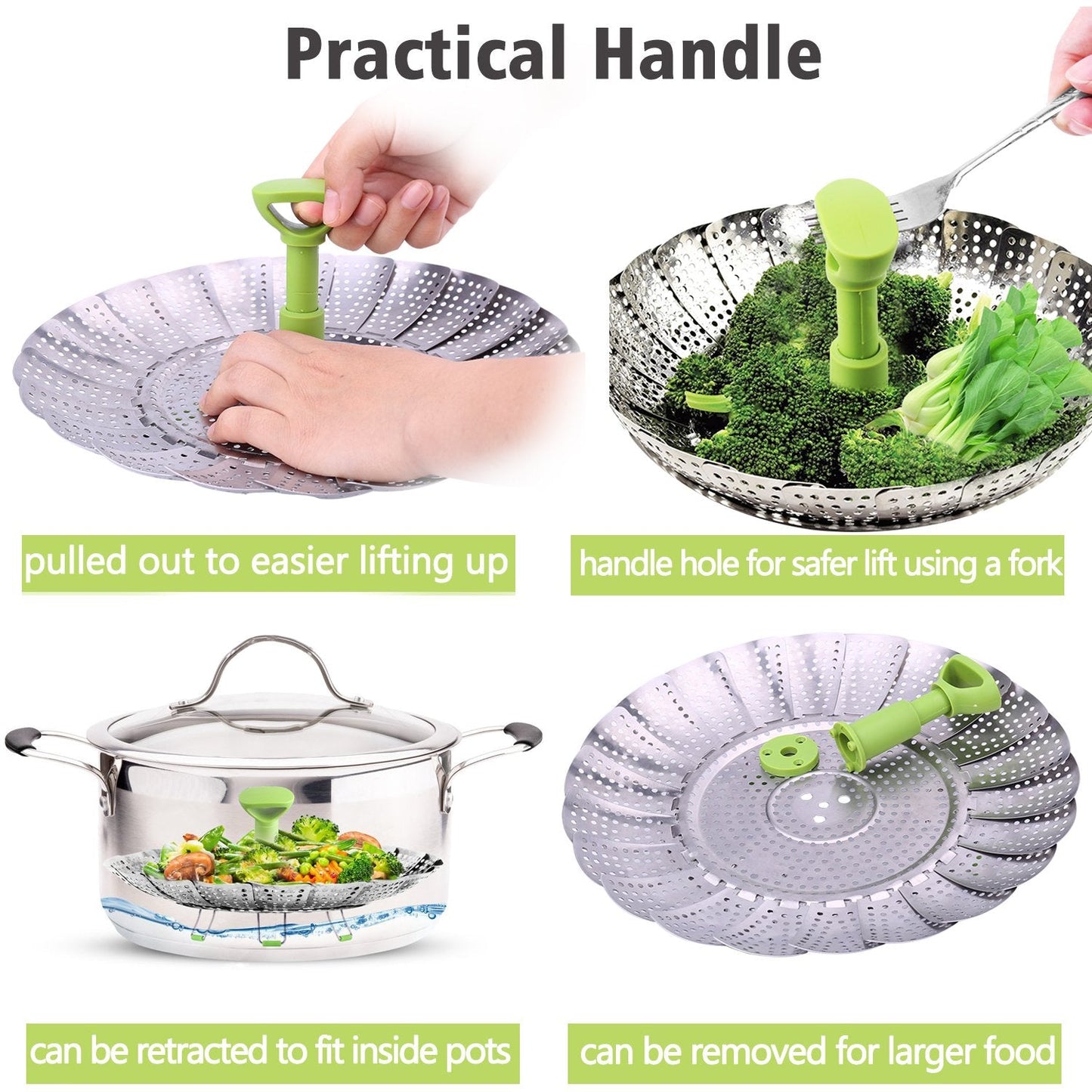Consevisen Vegetable Steamer Basket for Cooking Food, Stainless Steel Veggie Steam Basket for Pot, Folding Expandable Steaming Insert with Extendable Handle Fits Various Size Pot, 7.1" to 11"
