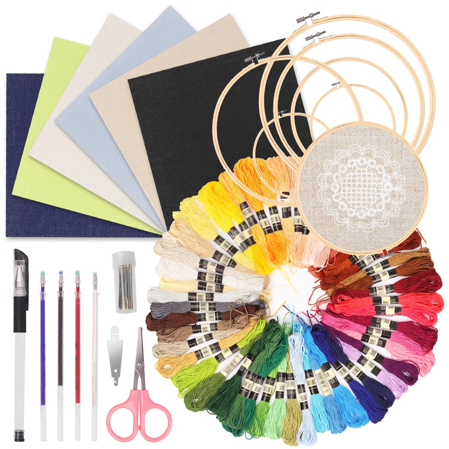 Keadic 78Pcs Embroidery Beginner Kit Contains 6 Colors Embroidery Fabric, Sewing Maker Pens, 50 Rainbow Colors Embroidery Thread, Circle Cross Stitch Hoop Rings, Cutter and Needles for Crafting