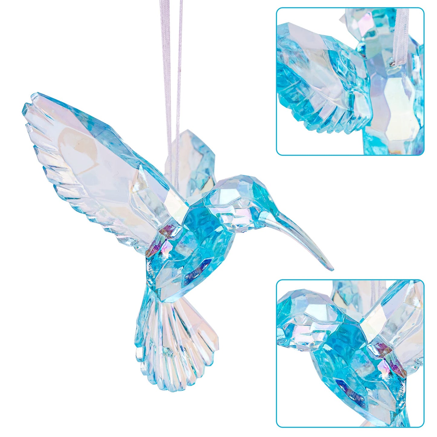 6 Pieces Hummingbird Ornaments Acrylic Hummingbird Figurines Large Crystal Pendants Shiny Iridescent Purple, Blue and Clear Bird Decoration