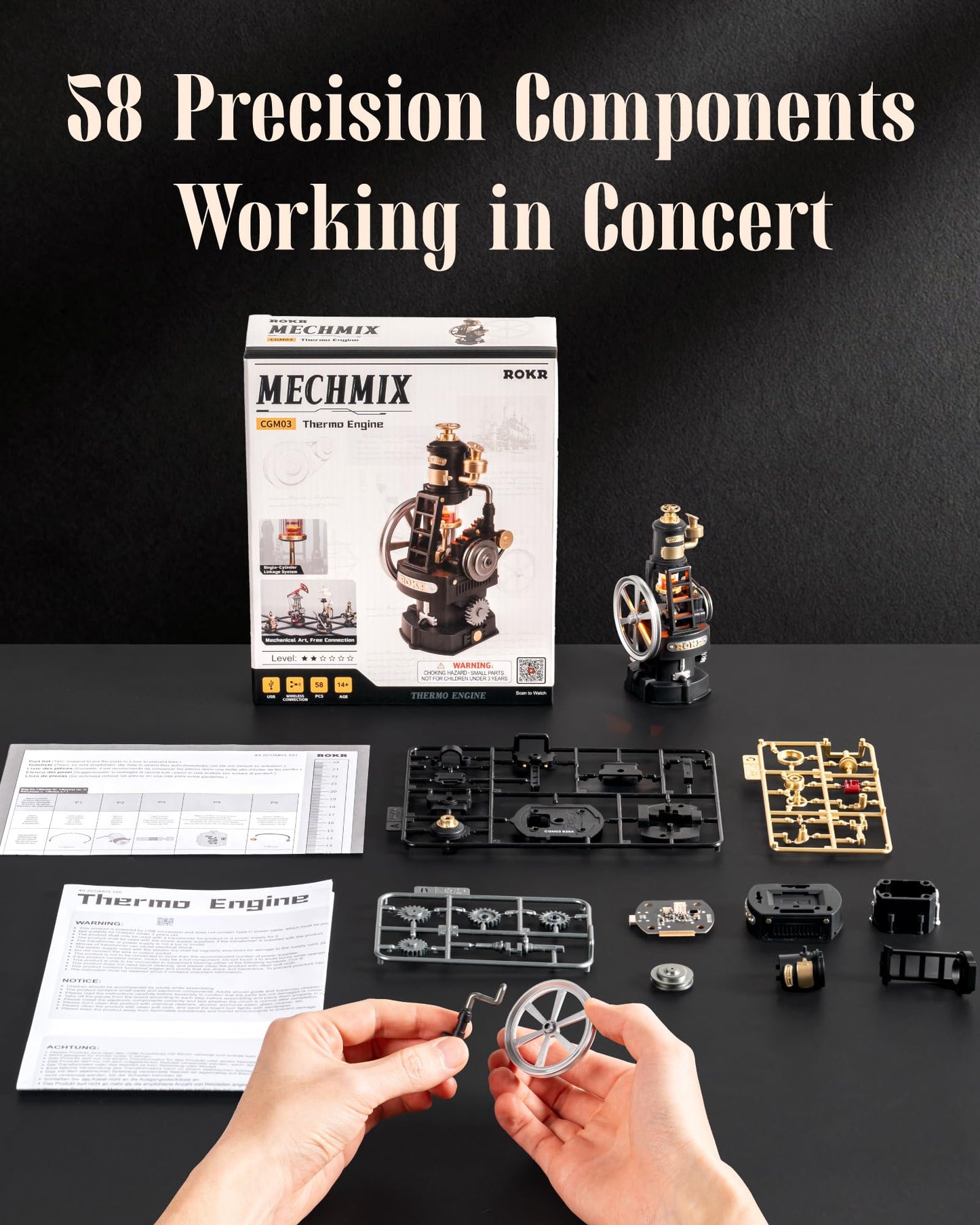ROKR Thermo Engine Mechanical 3D Puzzle, Lighted DIY Building Set for Adults, Building Kits, Desk Decor & Birthday Gifts, Connectable to Mechmix Series