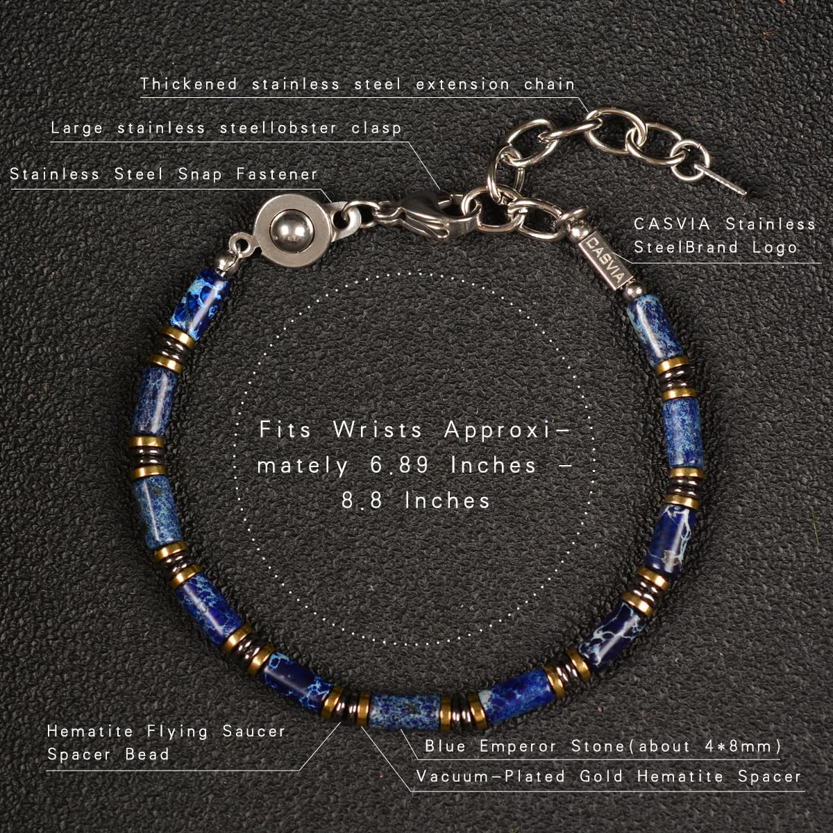 Casvia Blue Sovereign Men's Chakra Bracelet, Handcrafted Blue Emperor & Hematite Beads, Adjustable Stainless Steel Dual Clasp, Thickened Wire Gift for Dad Boyfriend Husband