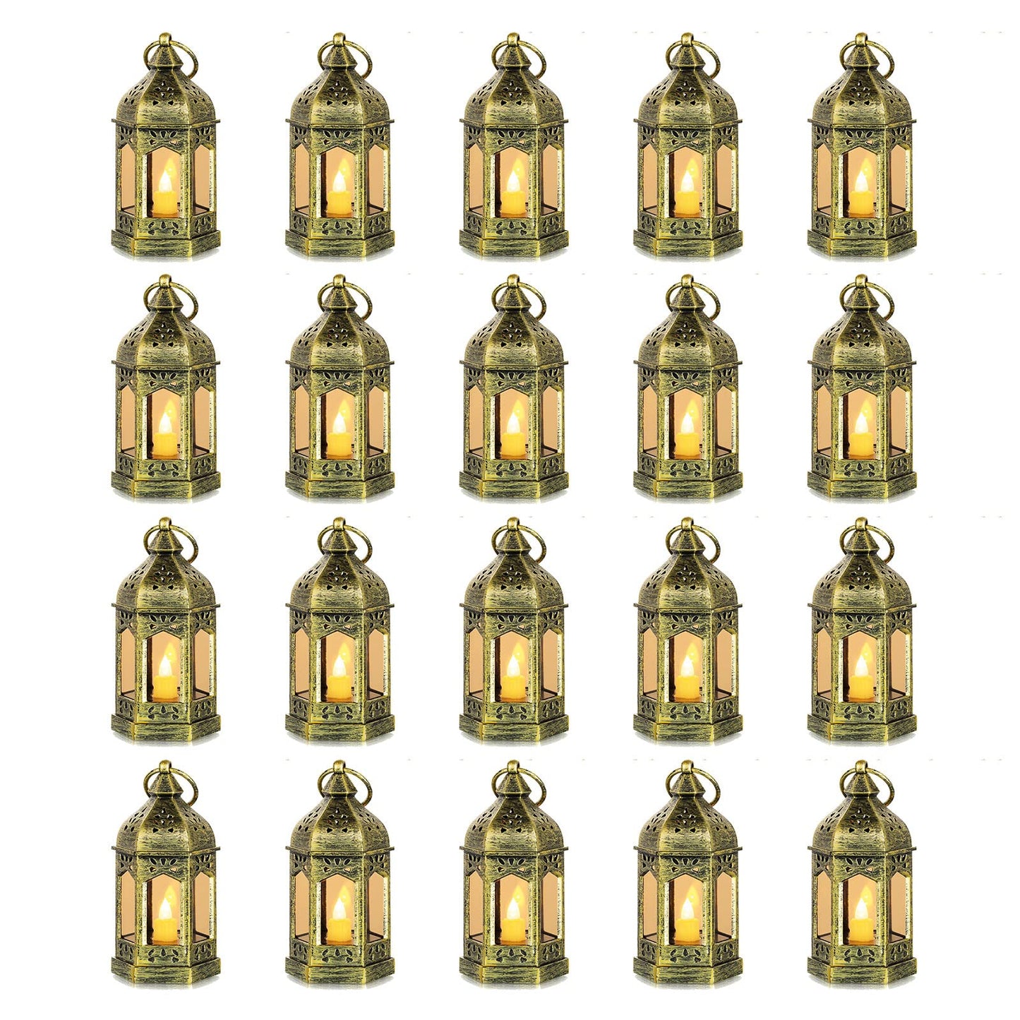 Mini Lanterns Decorative for Wedding Centerpiece - 20 Pcs Romadedi Hanging Small Gold Lantern Bulk with Flickering LED Candles for Halloween Decorations, Christmas Table Decor, Batteries Included