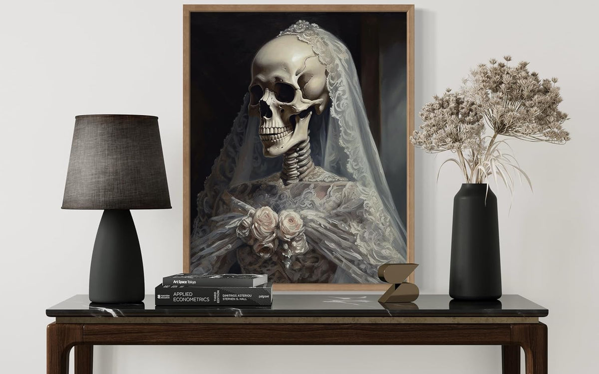 Skull Gown Poster Art Print, Halloween Scary Vintage Wall Art Academia Spooky Painting Decoration for Horror Prints, Gothic Posters Bedroom Decor 89 (Skull Gown, 11 x 14 inches, Wood Frame)