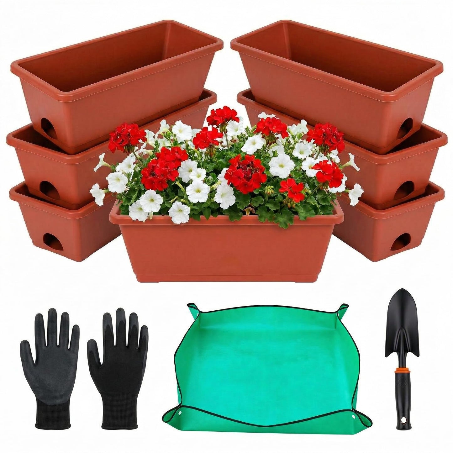 Yokodaza Red Window Box Planters, 7 Pack Rectangular Plastic Flower Planters Boxes with Saucers, 17 Inches Vegetable Planting Pots for Indoor Outdoor Garden, Patio, Windowsill, Home Decor