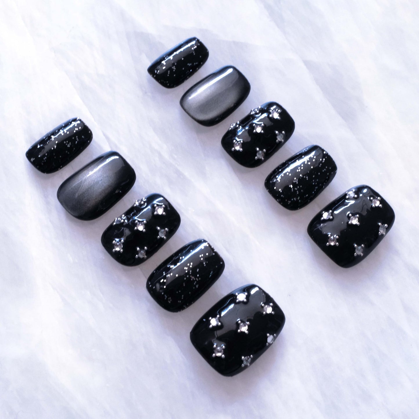 BlackStar - Handmade Press on Nails, Black Starry Sky with Cat Eye, Rhinestone Bling, Short Square Shape, 10PCS (Small Size, SS)
