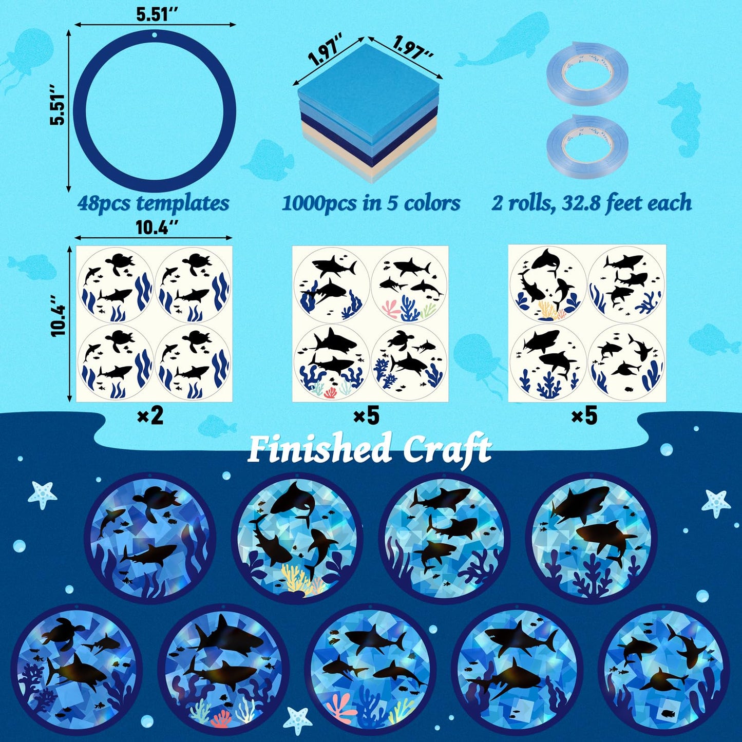 Renbuzhu 48PCS Summer Crafts: Paper Shark Suncatchers DIY Kits, Window Stained Glass Effect Art Supplies