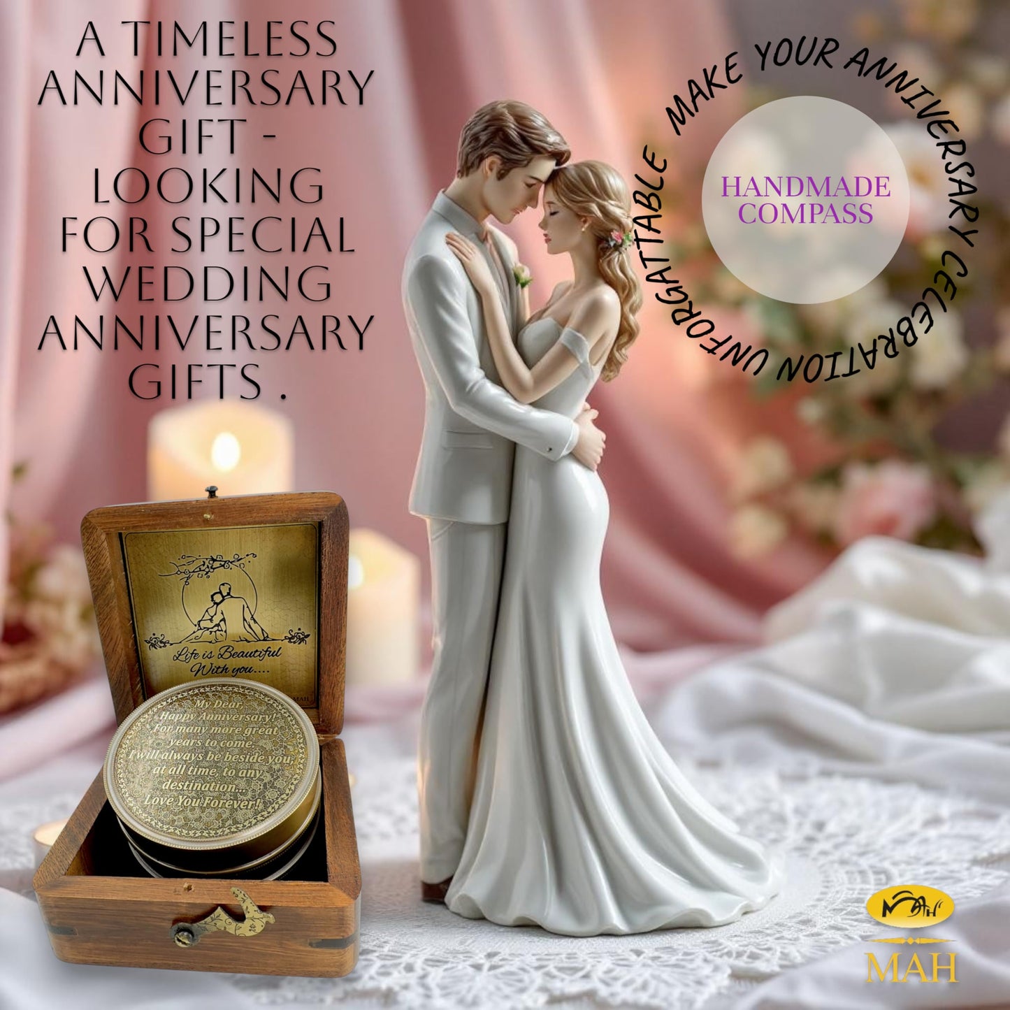 Anniversary Brass Sundial Compass Gift for Him or Her – Keepsake for Husband, Wife or Couple – 50th 40th 25th 20th 1st Year Wedding or Love Celebration – Engraved or Embossed Romantic Quote Compass