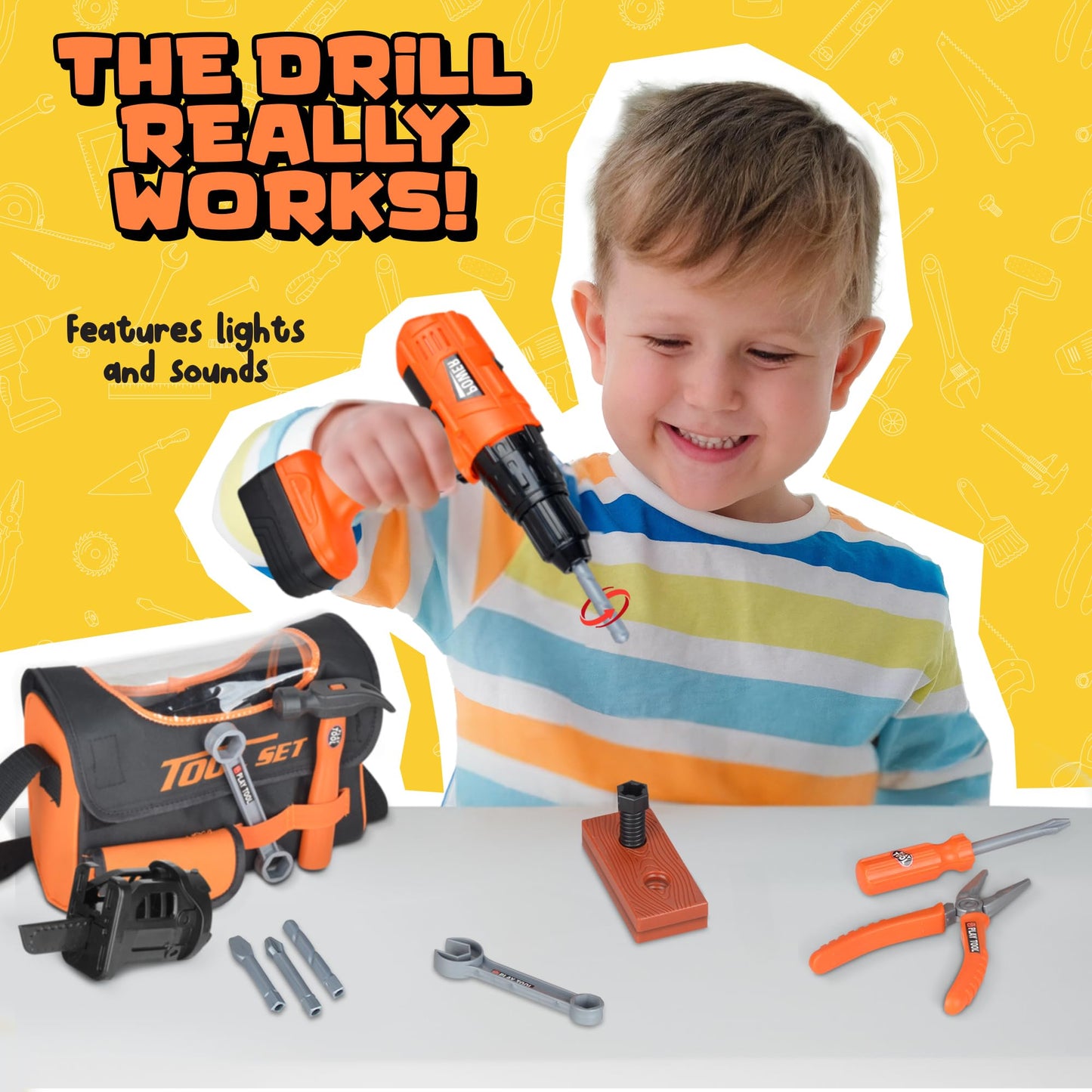 ArtCreativity Power Drill Tool Set for Kids - Pretend Playset with 2-in-1 Toy Drill with Lights, Sounds, Motion - Includes Toy Hammer, Pliers, Bolts, Screwdriver and More - Sturdy Bag for Storage