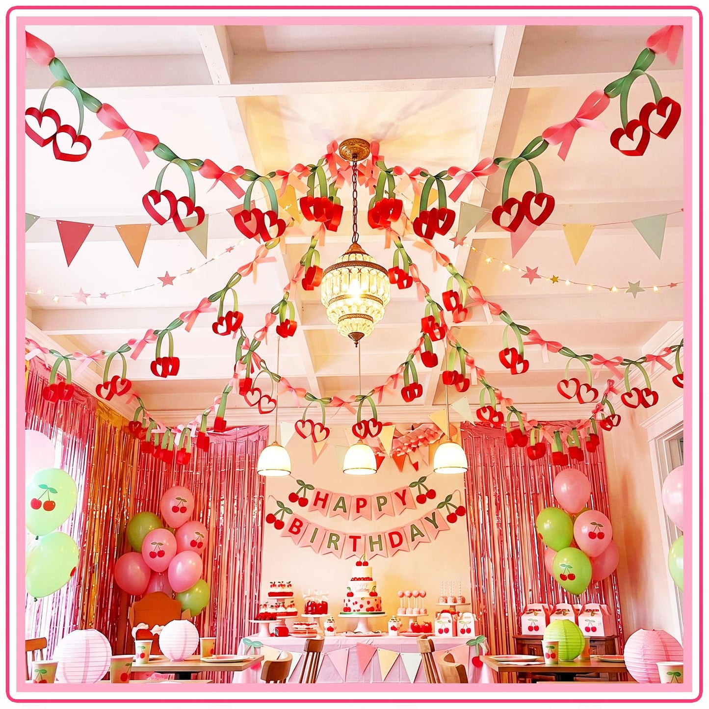 Gueevin 300 Sheets Cherry Party Paper Chain Strips Decorations Paper About 41 Feet in Total with 1 Roll Double Sided Tape DIY Cherry and Bow Hanging Banner for Baby Shower Bridal Bachelorette Wedding