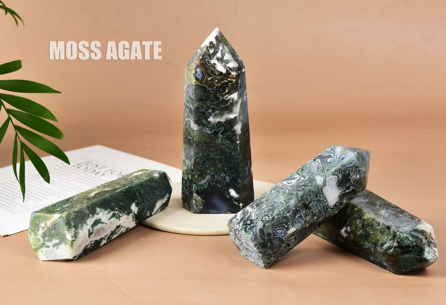 AMOYSTONE Large Healing Crystal Obelisk Towers Moss Agate Point Wand Home Decor Reiki Healing 1.1-1.7 LBS