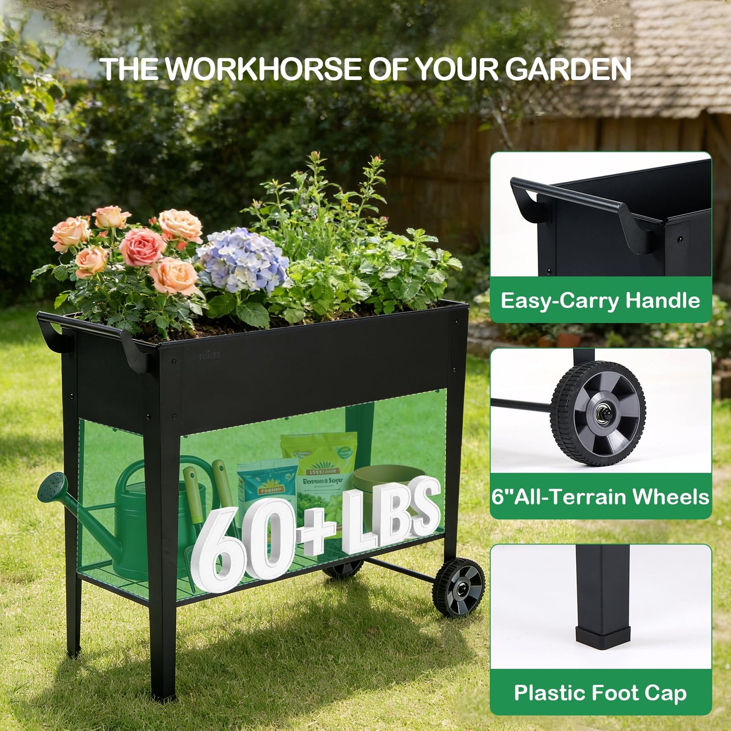 FOYUEE 2-Pack 32”Height Elevated Raised Garden Bed with Wheels & Storage Shelf, 400 Lbs Capacity, Anti-Rust, Space-Saving Planter for Vegetables, Herbs, Patio, Balcony, Backyard