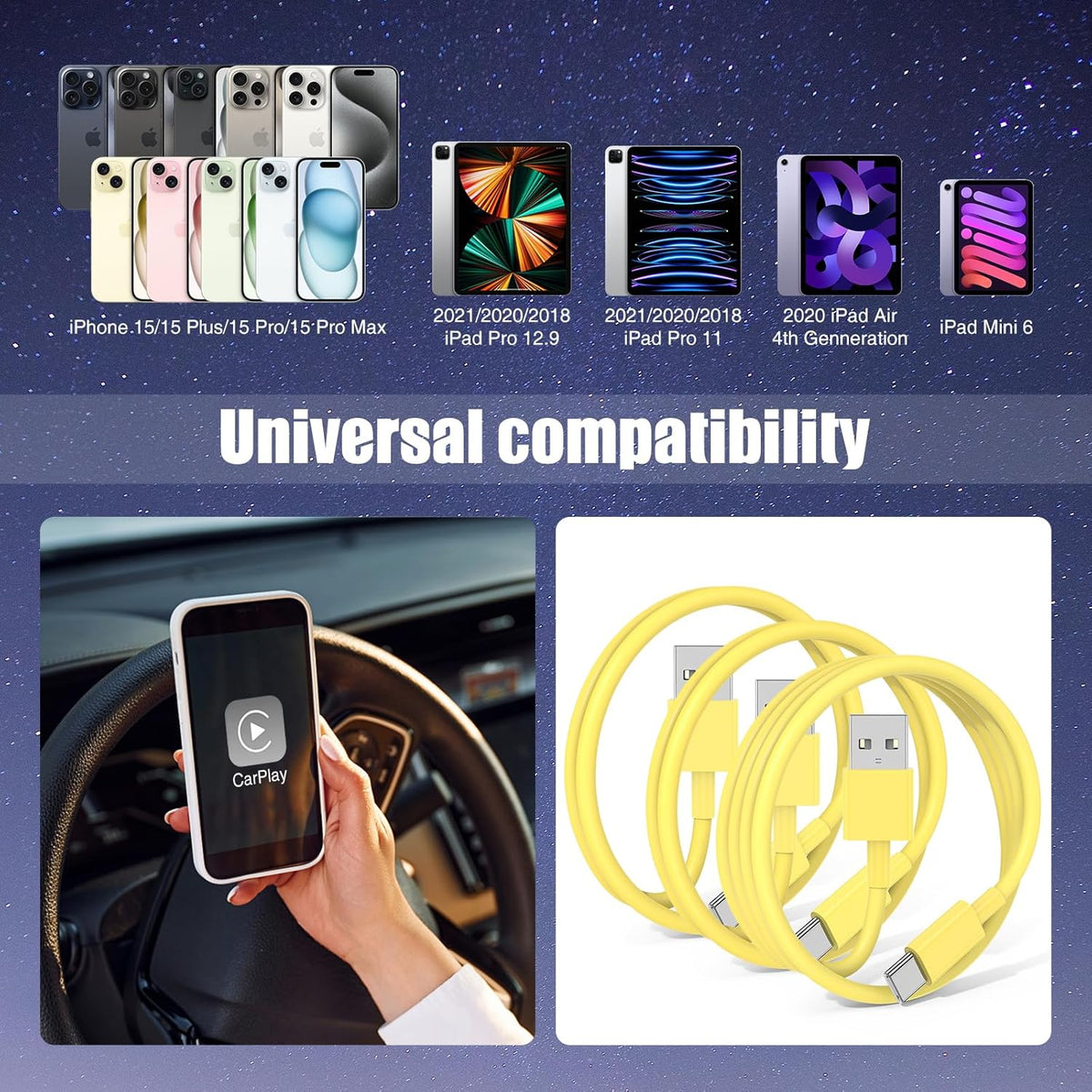 3-Pack Yellow [3.3FT+3.3FT+6FT] USB A to USB C Cable，USB to USB C Car Carplay Cable for iPhone 16 15 Pro Plus Pro Max，for iPad Pro/Air/Mini，for Samsung S24/S23/S22/S21，for MacBook Pro/Air and More
