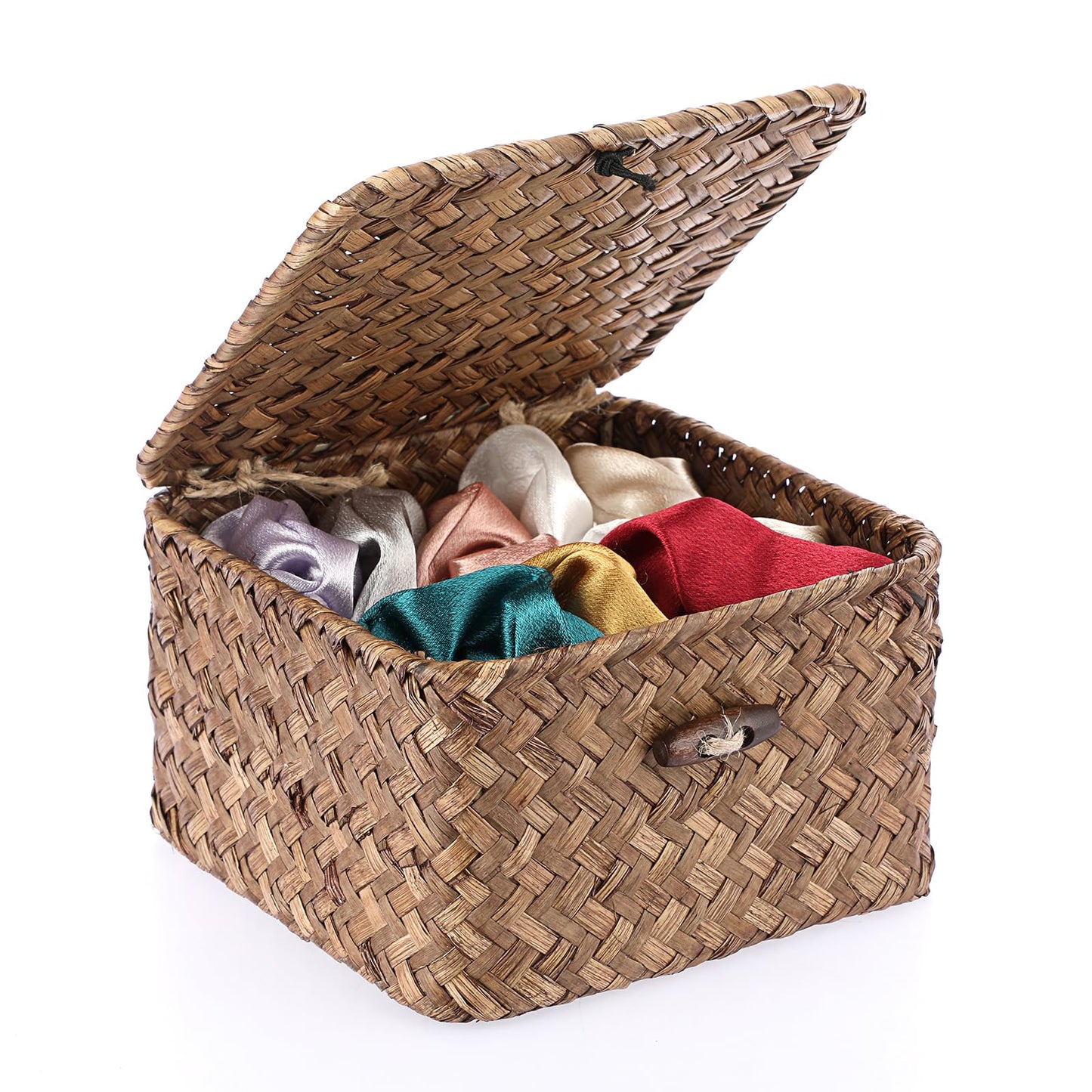 Hipiwe Seagrass Basket with Lid Wicker Storage Basket Square Handwoven Decorative Baskets Box for Shelf Multipurpose Household Baskets Home Decor,X-small