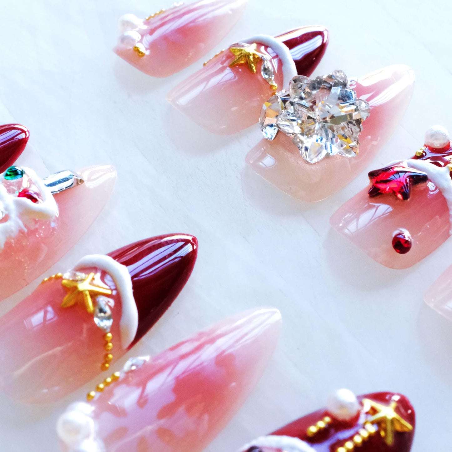 GLORS Christmas Press-on Nails, Medium Length Almond Shape, 3D Design with Snowflakes and Trees, Red and Pink, 10 Pieces (Small, Almond)