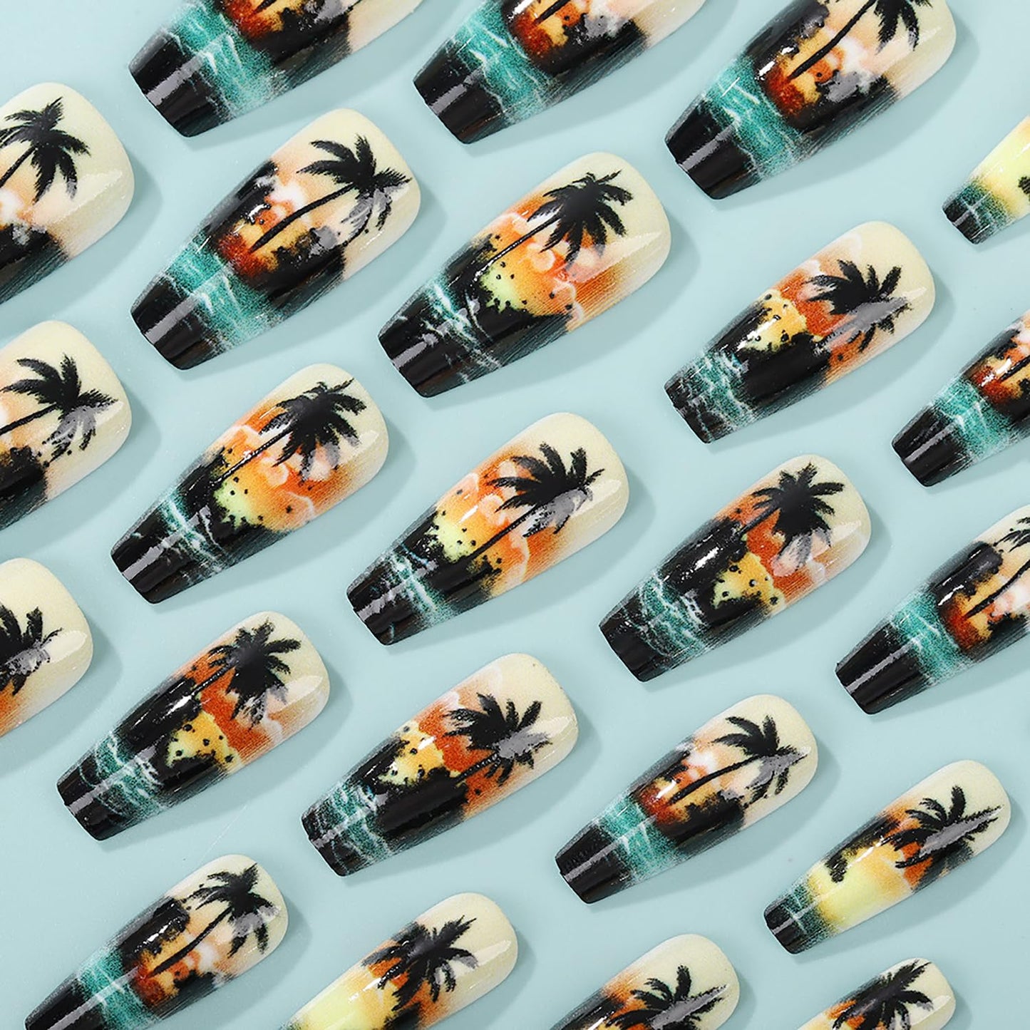 CJDLTS Coconut Tree Sunset Press on Nails Medium Ballet Shaped Waves Pattern Design Summer Beach Acrylic False Nail Full Cover Glossy Press Ons Stick on Nail DIY Glue on Nails for Women 24Pcs