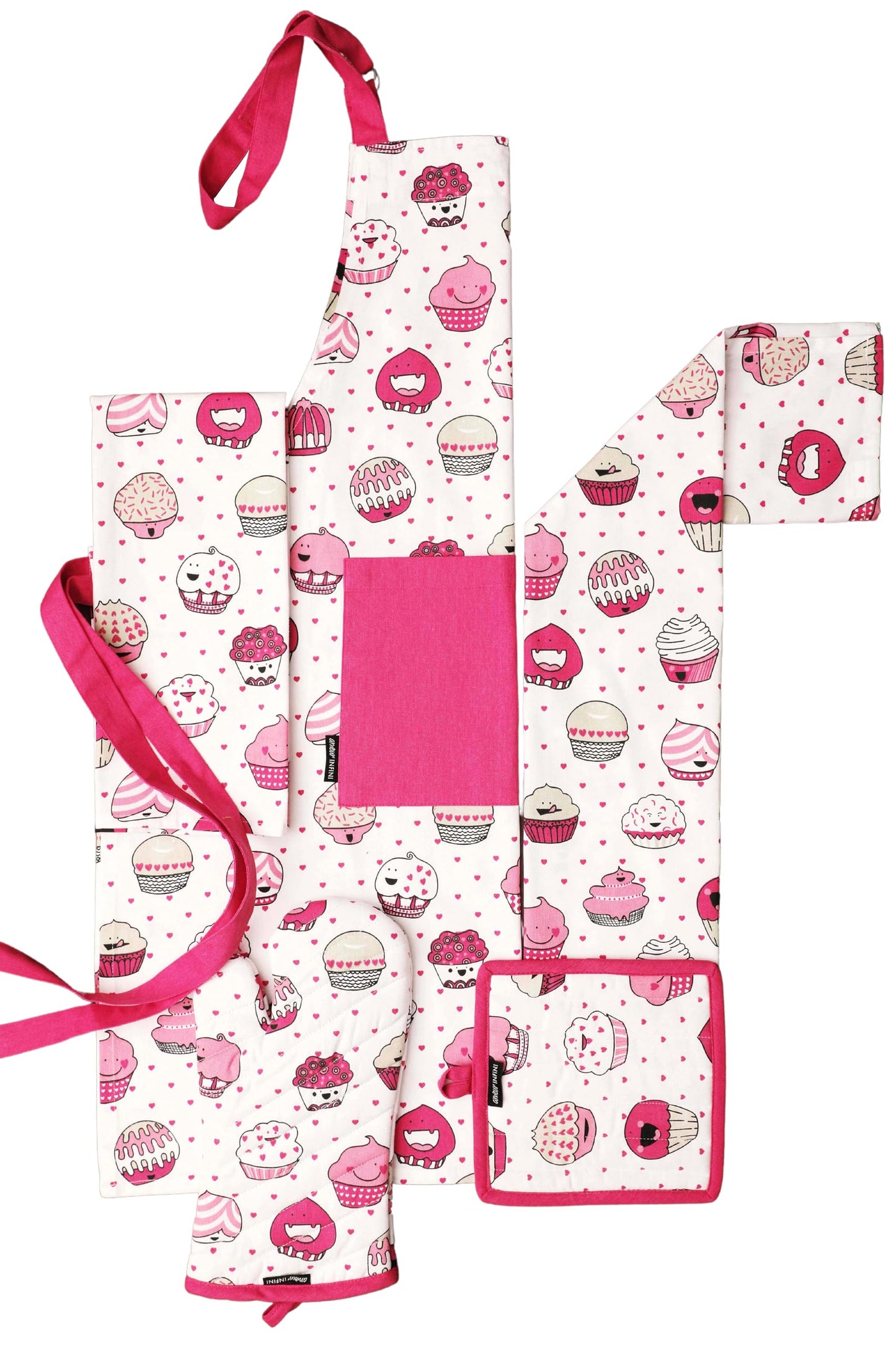 AMOUR INFINI 5 Piece Set of Apron,2 Kitchen Towel,Oven Mitt and Pot Holder in a Valentine Cup Cakes Design Event Outdoor BBQ Baking Grilling Party Kitchen Decor