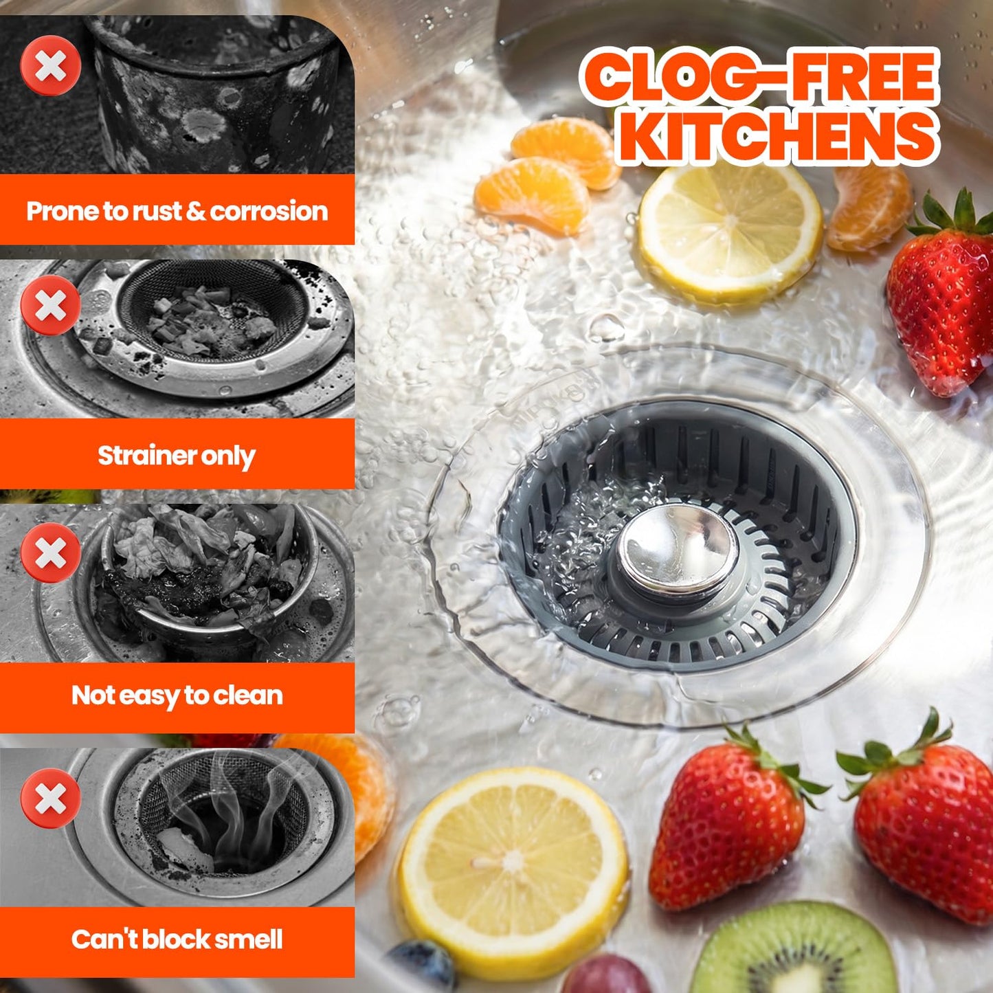 Nipoko 2 Pack Sink Drain Strainer - Sink Stopper, 3 in 1 Stainless Steel Kitchen Drain Plug with Deep Anti-Clog Basket and Odor-Blocking Seal, Pop-Up Design Fits Standard 3-1/2 Inch Sink