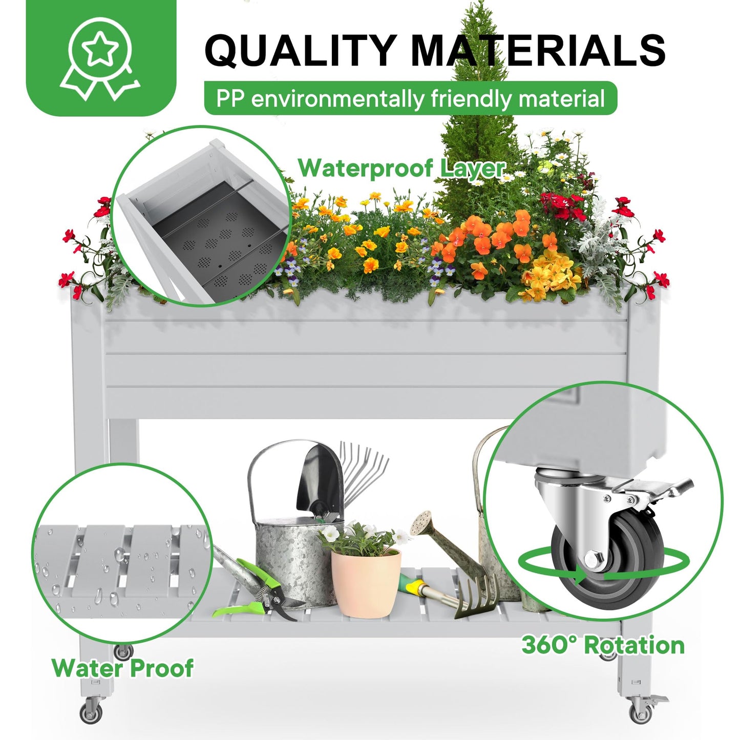 PatioZen Raised Garden Bed with Legs, 33.66" Tall Self-Watering Resin Planter Box with Lockable Wheels Drainage Plug and Gauge for Vegetables, Flowers, Storage Shelf for Tools and Accessories (Ashen)