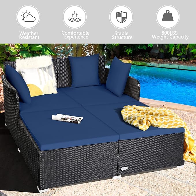 HAPPYGRILL Patio Rattan Daybed Outdoor Loveseat Sofa Set with Padded Cushion Pillows and Sturdy Aluminum Foot Wicker Patio Furniture for Garden Porch Poolside