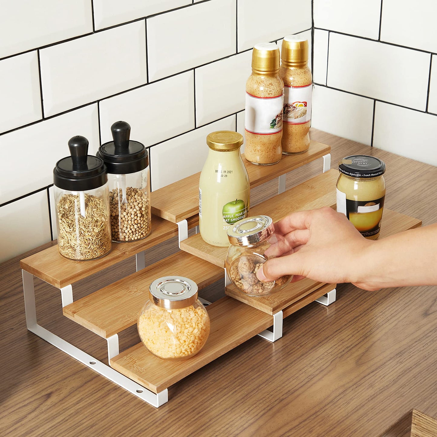 SONGMICS Display Risers, Set of 2 Engineered Wood Perfume Organizer Stand, 3-Tier Cupcake Stand Holder, Spice Rack, Shelf Risers for Figures, Dessert Shelves, Natural Beige and Cloud White UKCS016N02