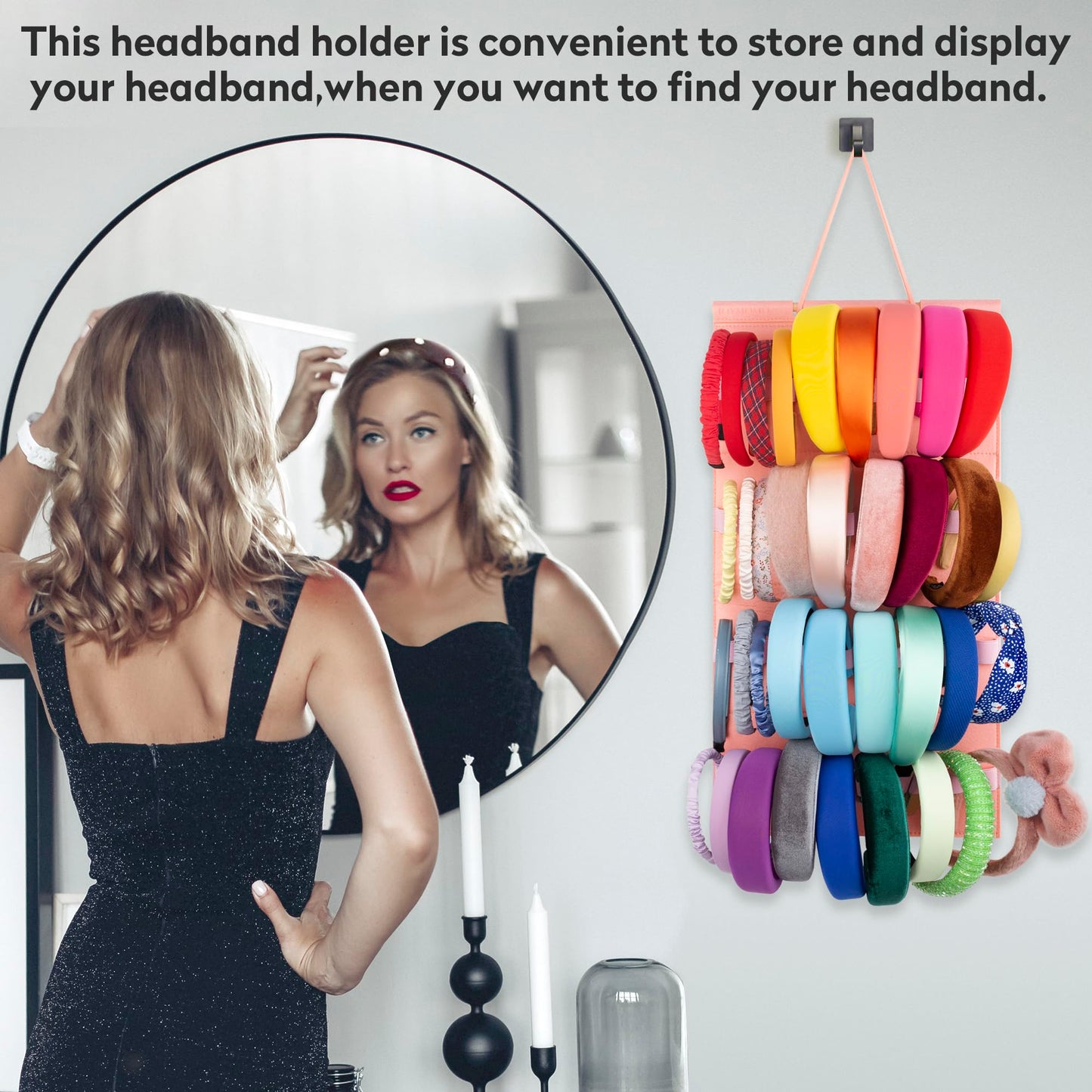 JOYMOMO Hanging Headband Holder for Girls, Felt Headband Organizer with 40 Slots (Pink)