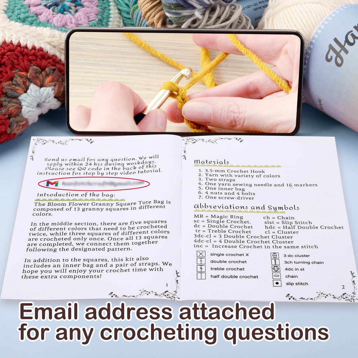 Hanfetch Crochet Kit for Advanced or Intermediate Beginner, Step by Step Video Tutorial and Detailed Guide Instruction DIY Craft Supplies for Adult and Kid with Complete Kit for Granny Square Tote Bag