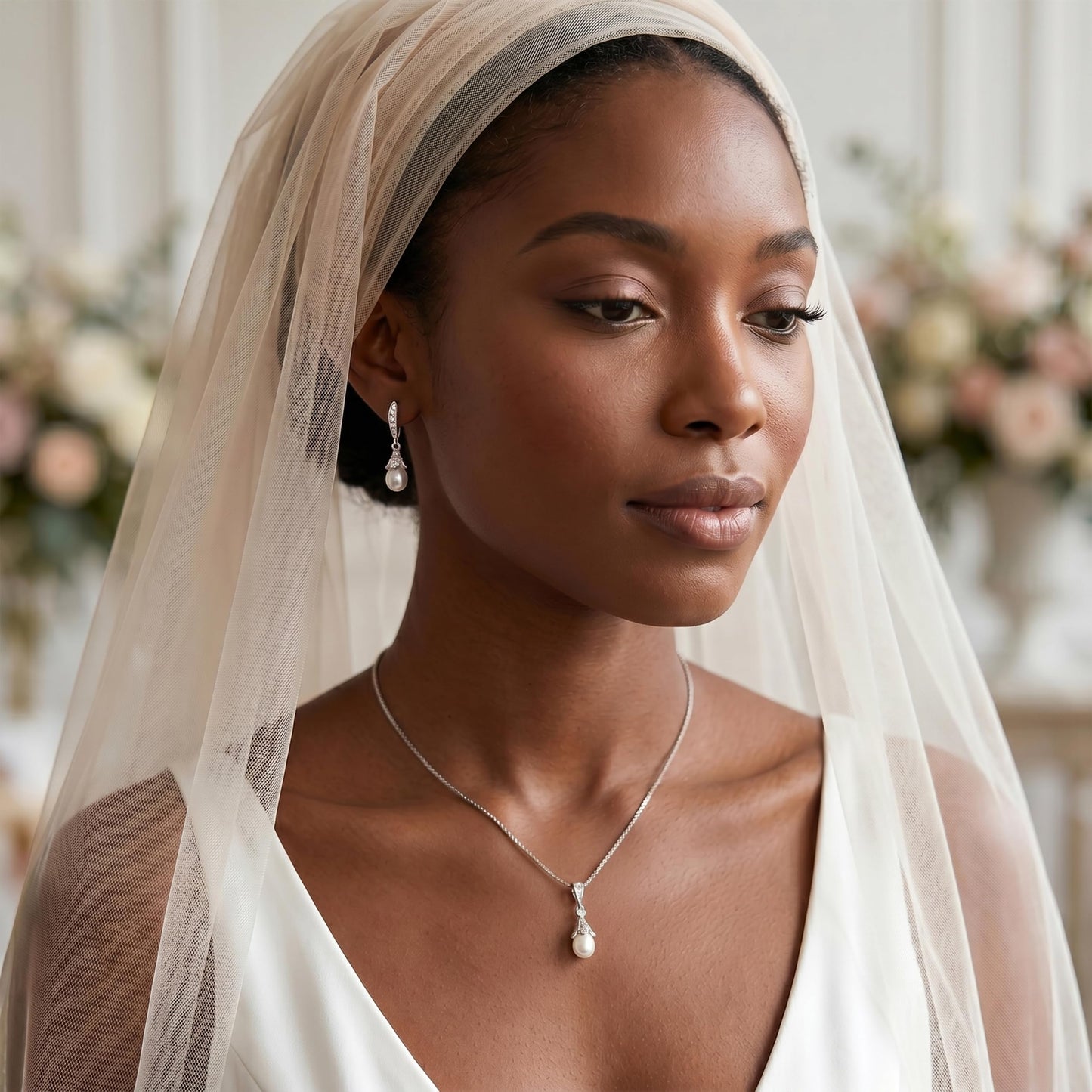 Mariell Wedding Necklace & Earrings CZ Jewelry Set with Dainty Freshwater Pearl for Bridesmaids & Brides