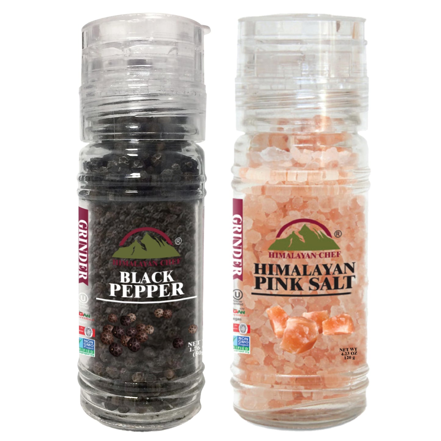 Himalayan Chef Pink Salt and Black Pepper Grinder with Stainless Steel Rack