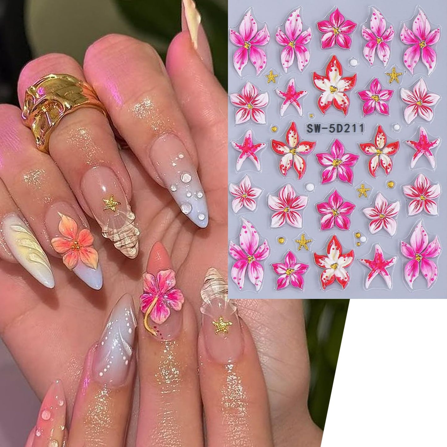 5D Flower Nail Stickers for Nail Art - Self-Adhesive 3D Embossed Floral Nail Decals with Starfish Shell & Bow Designs, Cute Summer Ocean Nail Stickers for Women DIY Manicure 4 Sheets
