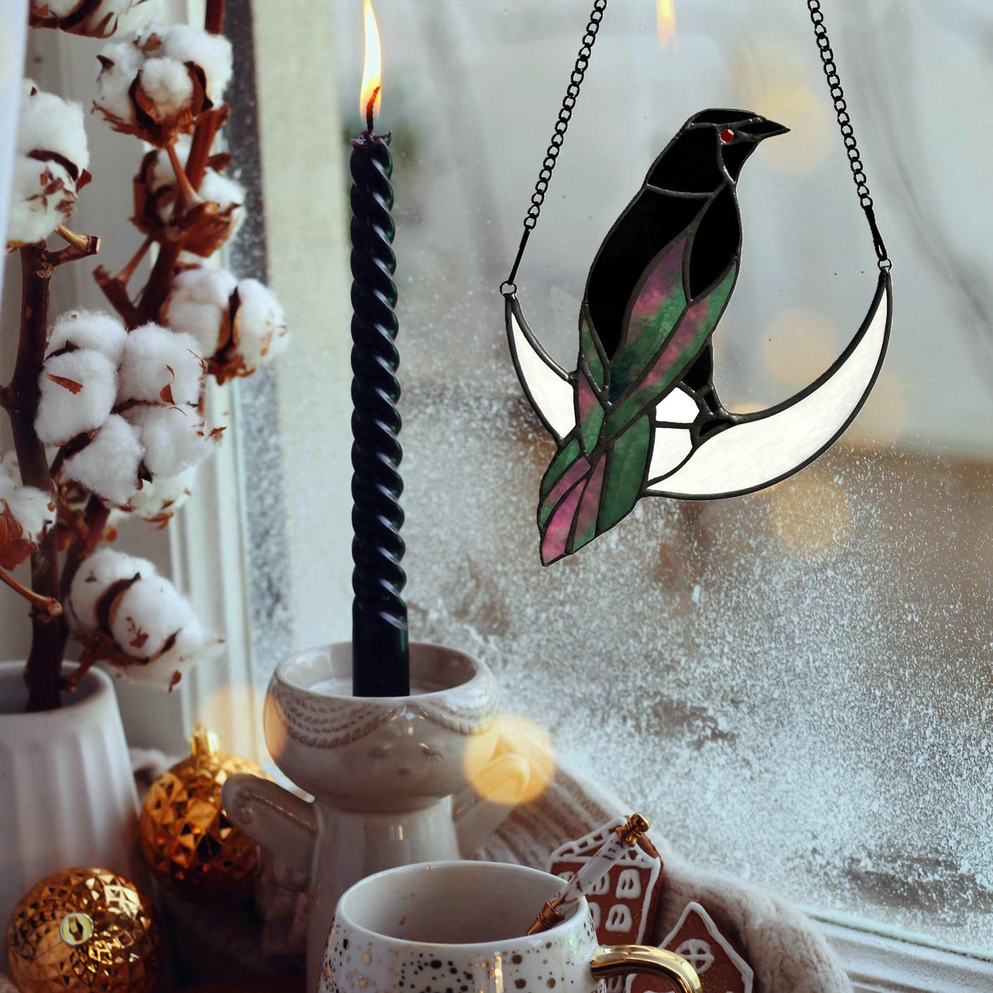 Lcensp Stained Glass Crow on Moon Decor Window Hangings Ornament, Gothic Raven Suncatcher Halloween Decorations, Handmade Crow Birds Gifts Sun Catchers Indoor Window Home Decor.
