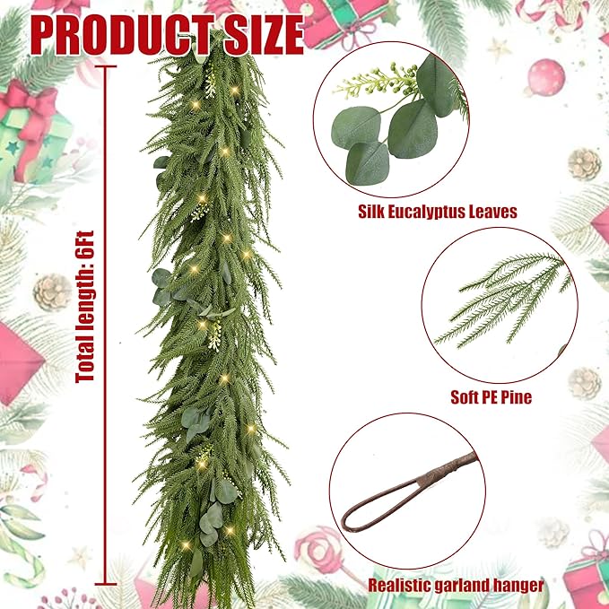 Sggvecsy 6Ft Christmas Fork Norfolk Pine Garland Artificial Christmas Garland Real Touch Pine Greenery with Eucalyptus for Table Wall Mantle Indoor Fireplace Home Holiday Decoration (2 Pack)