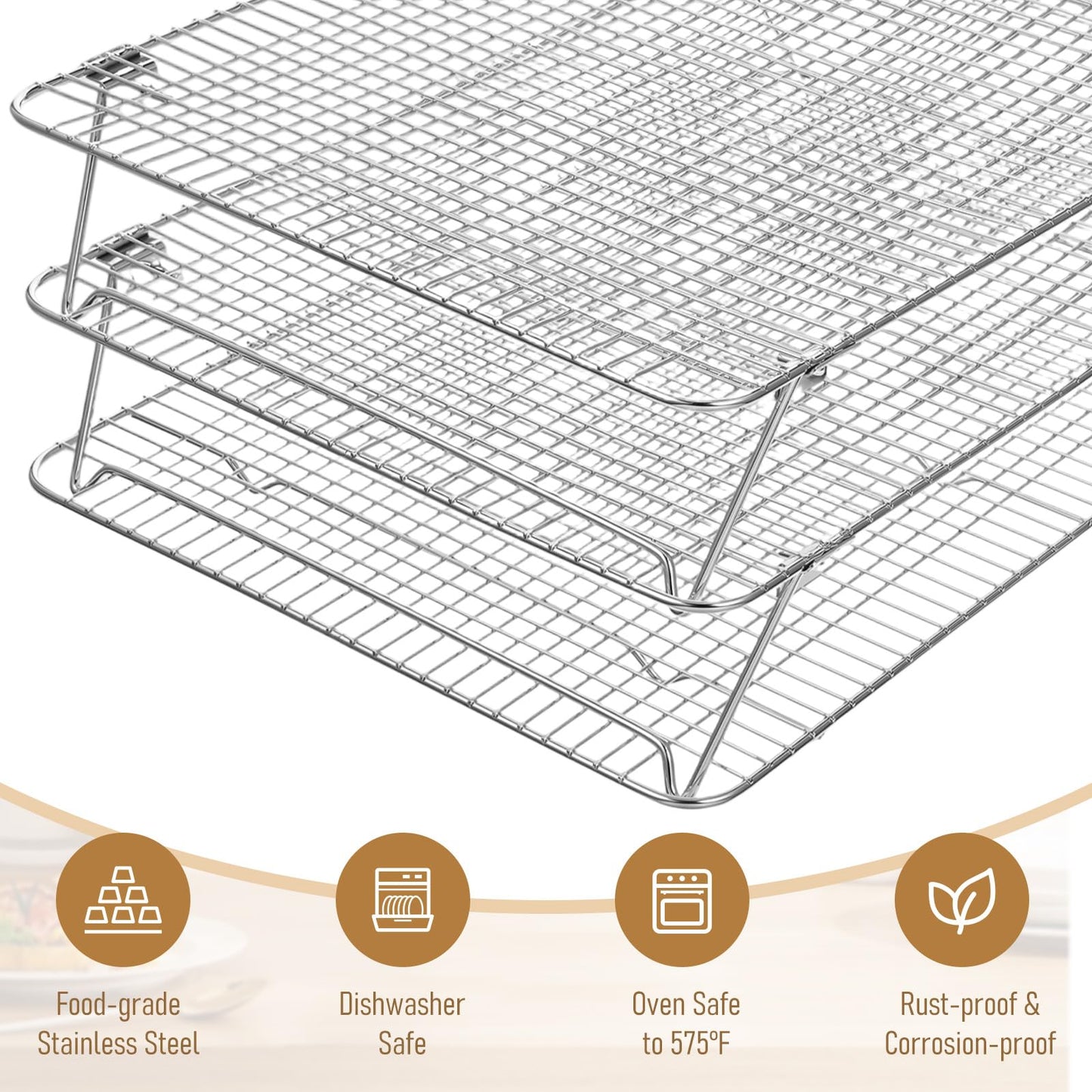 Stainless Steel Stackable Cooling Rack for Baking, 3-Tier Cooling Rack Set, Stackable Heavy Duty Stainless Steel Wire Racks, for Baking Cooking Grilling, Oven & Dishwasher Safe, 12”x 16.5”, Silver