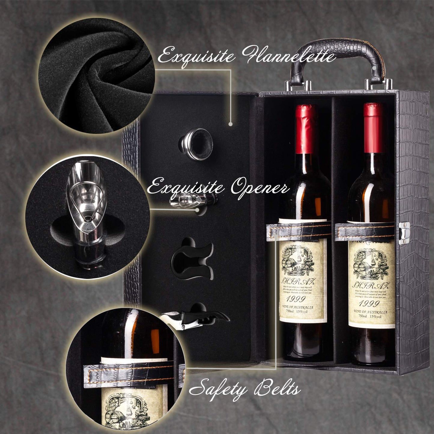 HiCrast Premium Leatherette Wine Carrier, 2 Bottle Handmade Top Handle Travel Gift Box With 4 Accessories