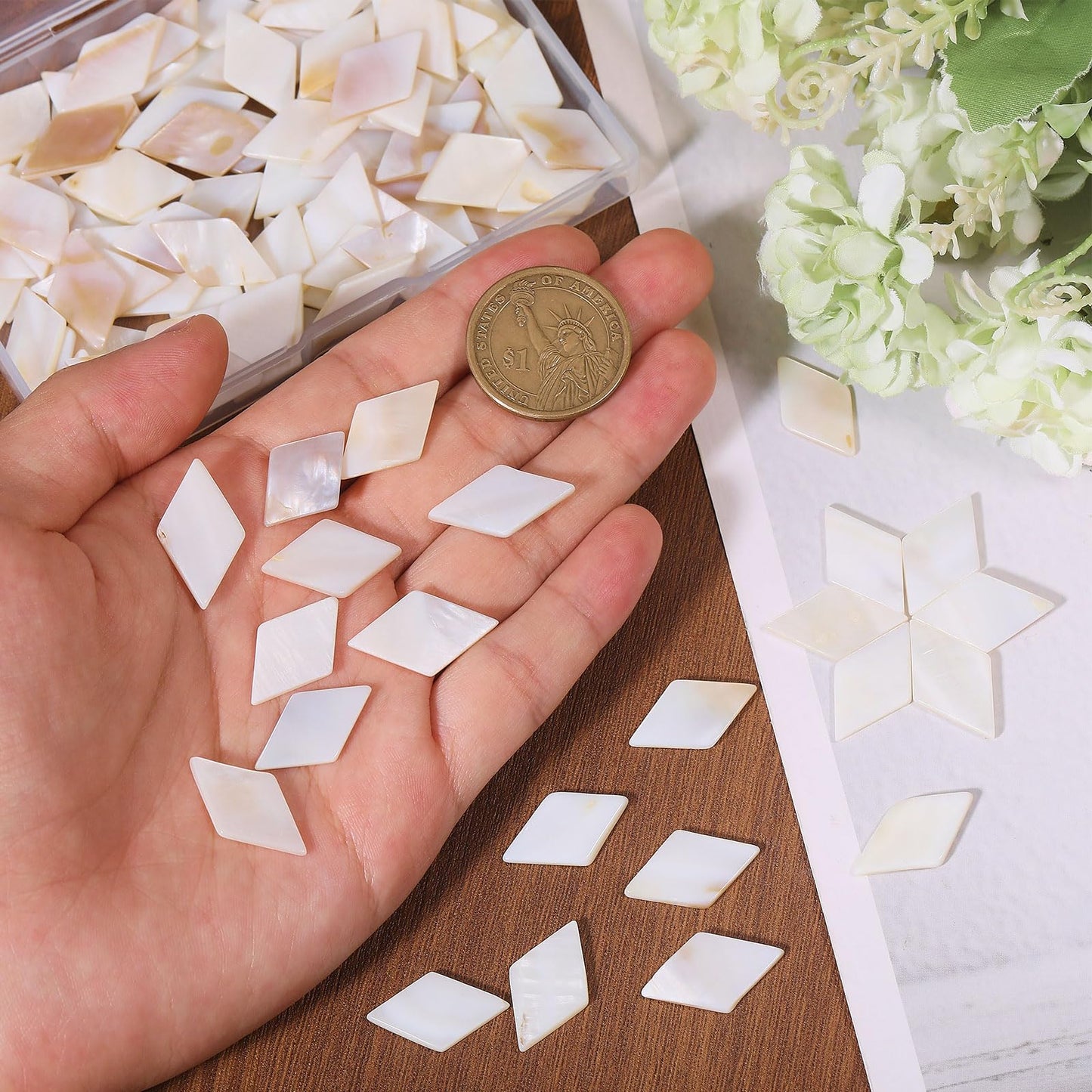 beinkmake 195Pcs Mother of Pearl Mosaic Tiles Bulk Natural Shell Mosaic Flat Rhombic Square Tiles for Home Decoration DIY Crafts