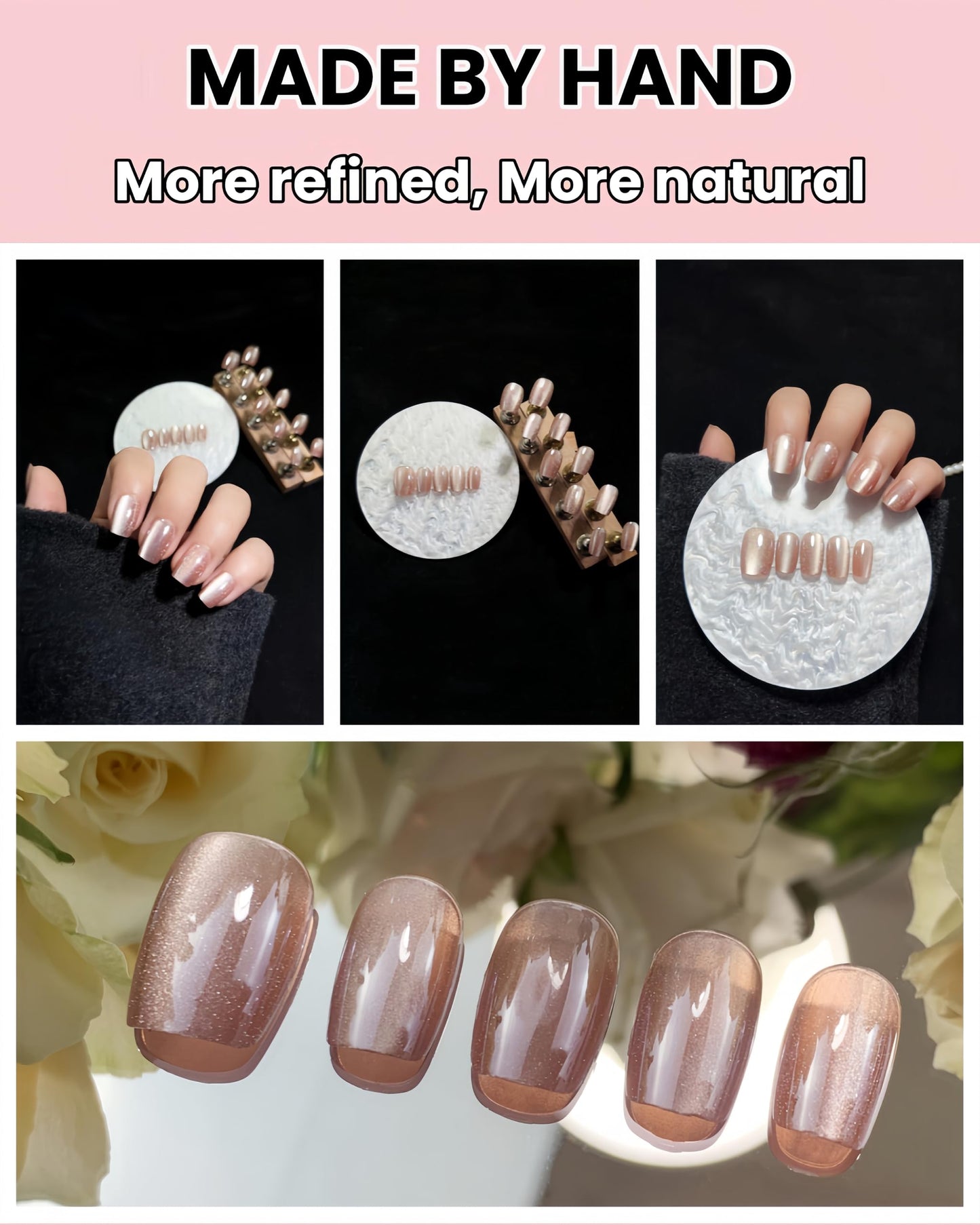 Incantevole Cat's Eye Press On Nails (30PCS； SIZE：XS-S-M), Short Square Nails, Handmade Nails, Enhanced Glossy False Nail Tips (Mirror Finish Champagne Pink)