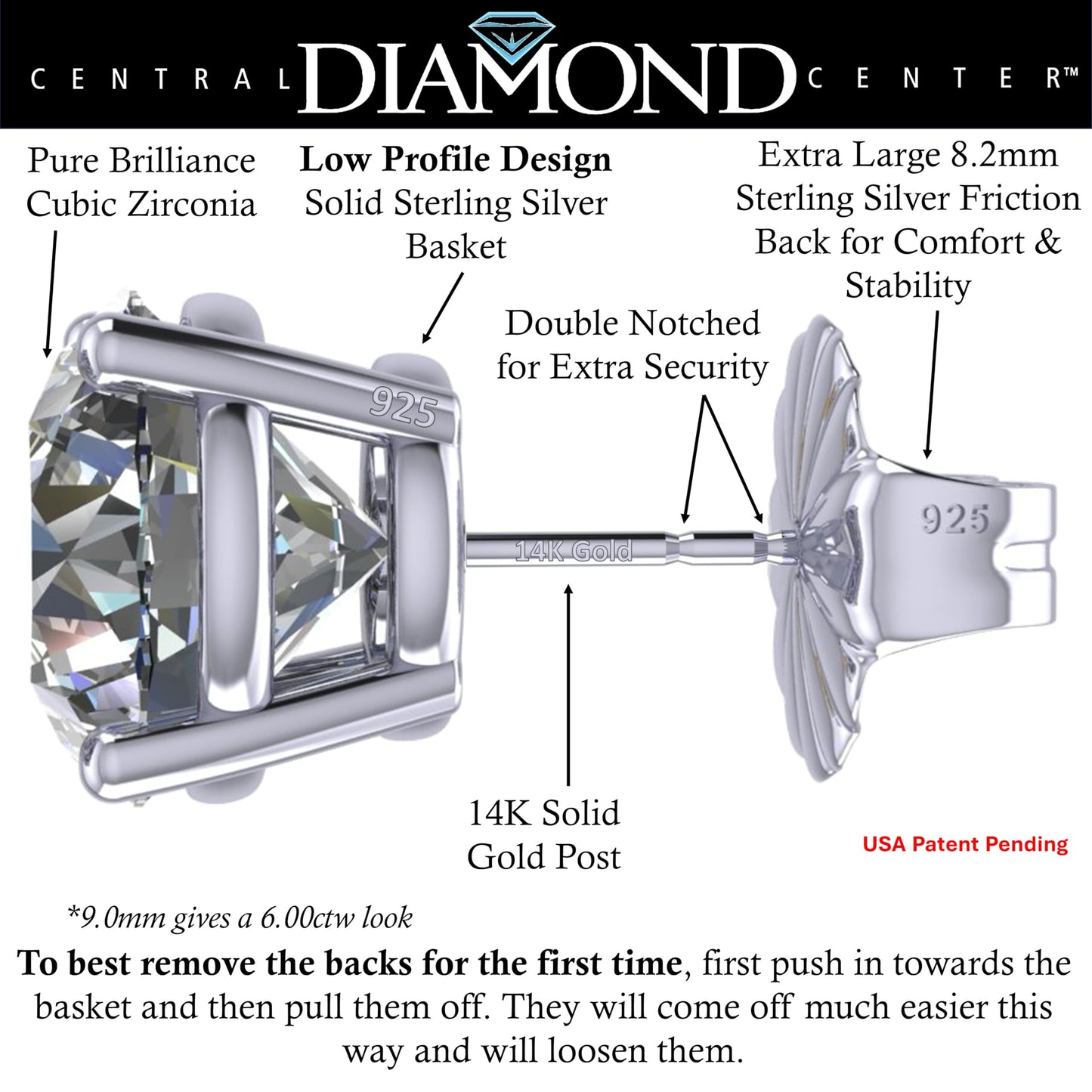 Central Diamond Center 14K Solid Gold Post & Sterling Silver 4 Prong CZ Stud Earrings - Platinum Plated - 9.00mm - 6.00cttw