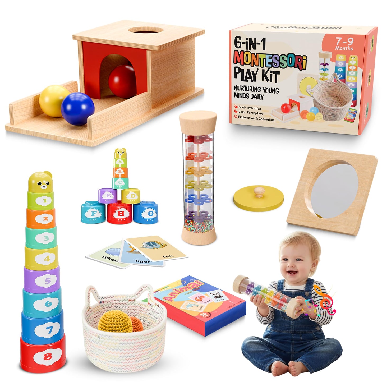 SmileyBubs Montessori Baby Toys 7–9 Months, Developmental Tools for 7+ Month Babies, Baby Sensory Toys - A Sliding Box, Mirror Puzzle, Stacking Cups, Treasure Basket, Rain Stick, Animal Flashcards