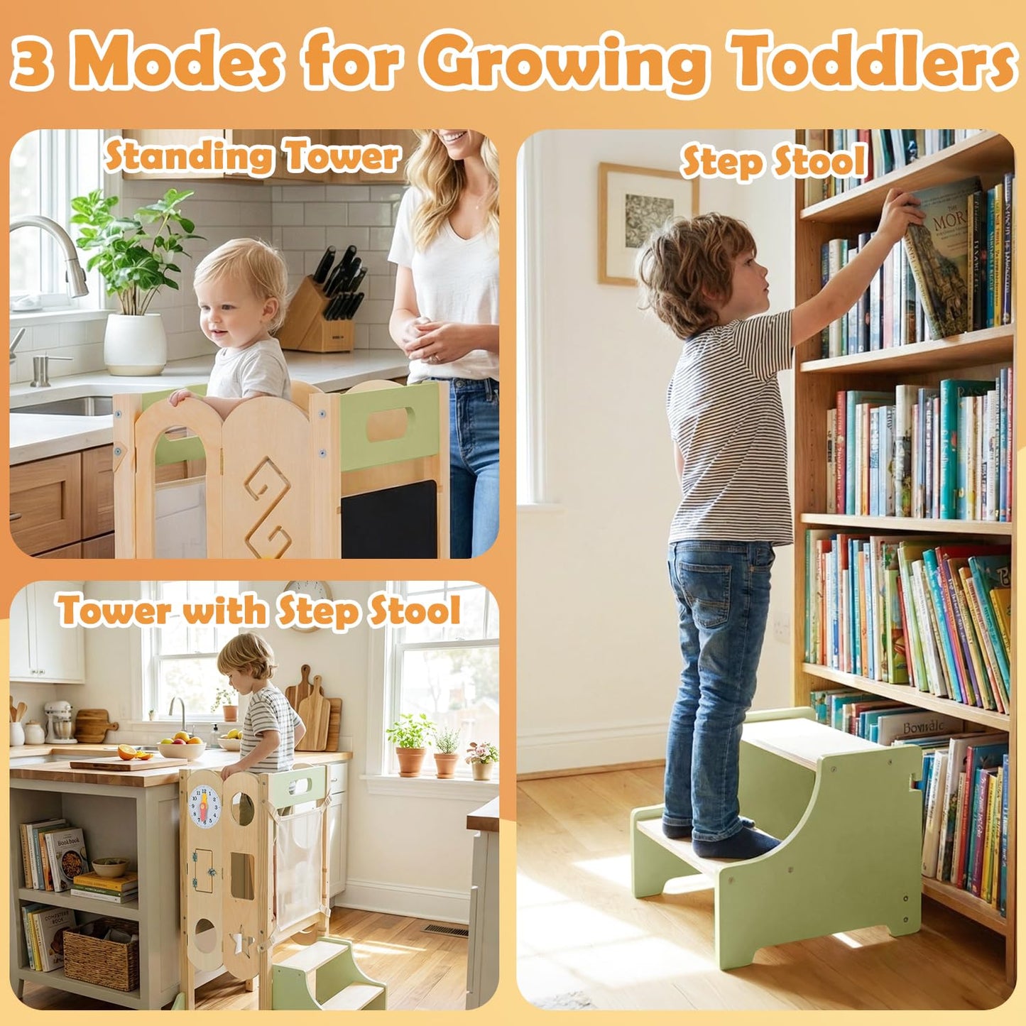 XYMERO 6 in 1 Toddler Tower with Removable Ladder, Foldable Wooden Kitchen Step Stool for Kids, Adjustable Children Helper Tower for Baby, Standing Tower with Safety Equipment and Black Board