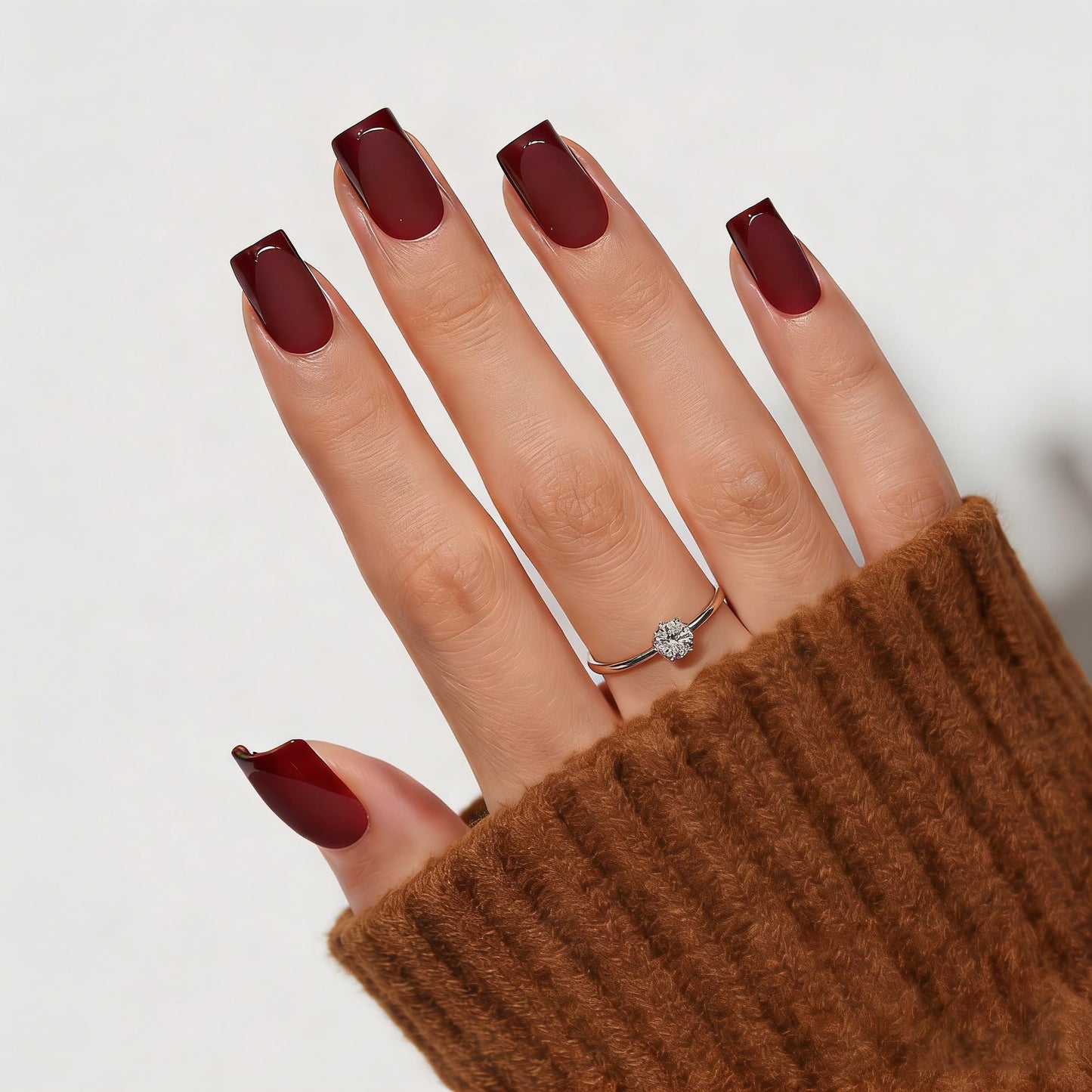 Dark Red Press On Nails Square -Short Red Nails with Glossy French Tips in a Matte Finish 16 Sizes - 32 Nail Kit with Glue