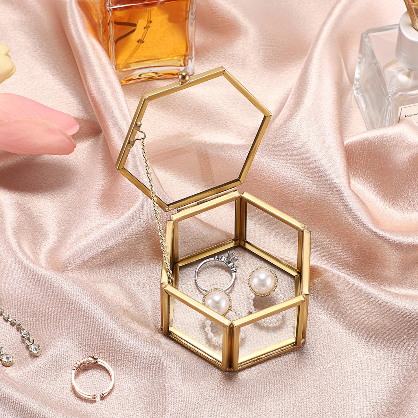 BTSKY Golden Glass Paper Clip Holder, Compact Hexagon Binder Holder for Desk, Clear Elegant Paper Clip Dispenser, Decorative Mini Storage Box Small Office Supply Accessory Organizer
